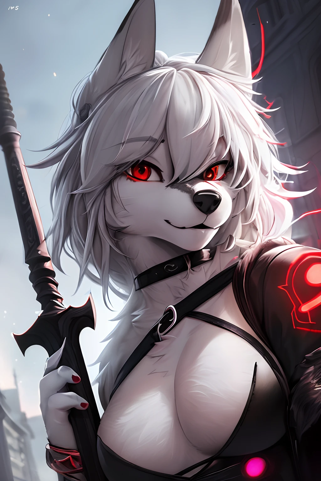 (masterpiece, best quality),altair, furry, furry female, 1girl, red eyes, animal_ears, canid, wolf, green choker, sketch, detailed fur skin,  sharp focus, fluffy, urban background, dual tone fur, HDR, NSFW, black animal nose , ull body solo, tail, white hair, wolf_ears , 8k, (ultra realistic photograph, RAW photograph, anthro furry:1.3), furry, furry female, 1girl, red eyes, animal_ears, electricity, glowing, hair_over_one_eye, looking_at_viewer, black and white fur, sword, Gothic attire, red eye slit