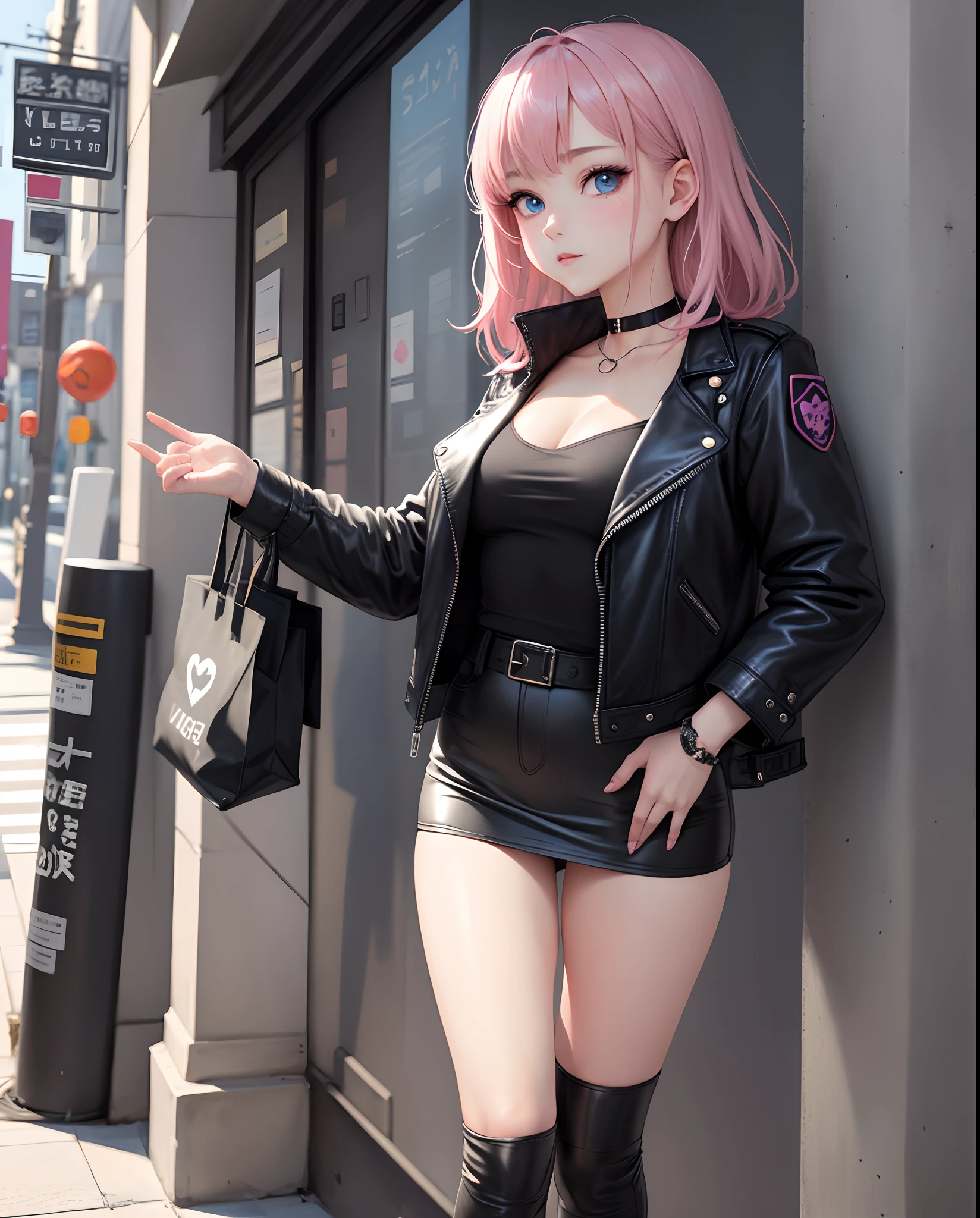 masterpiece:1.2、hightquality、top-quality、hight resolution、detaileds、A hyper-realistic、Beautiful female detective who looks mature、Adults、Black leather jacket、Black Leather Jeans Mini Skirt、Heart-shaped choker、Hair is pink、Beautiful blue eyes、Female Detective、独奏、street corner、Feeling standing、gazing at viewer、full body Esbian、birdie、rainbows、brilliance、portlate、cool expression、a cool、(A detailed face)、((foco nítido))、((faces))、The upper part of the body_Body