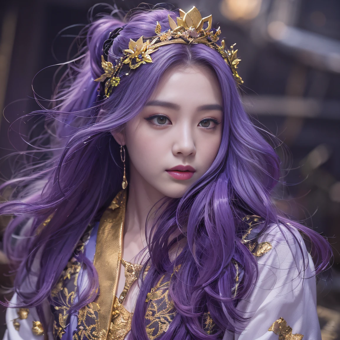 Genki Girl 32K(tmasterpiece,k hd,hyper HD,32K)Long flowing bright purple hair,Autumn Pond,zydink, a color, Asian people (Genki girl), (Silk scarf), Combat posture, looking at the ground, long whitr hair, Floating bright purple, Fire cloud pattern gold tiara, Chinese long-sleeved gold silk garment, (Abstract metaverse splash:1.2), white backgrounid,Lotus vitality protector(realisticlying:1.4),Bright purple hair,Smoke on the road,The background is pure, A high resolution, the detail, RAW photogr, Sharp Re, Nikon D850 Film Stock Photo by Jefferies Lee 4 Kodak Portra 400 Camera F1.6 shots, Rich colors, ultra-realistic vivid textures, Dramatic lighting, Unreal Engine Art Station Trend, cinestir 800,A girl with long flowing bright purple hair
