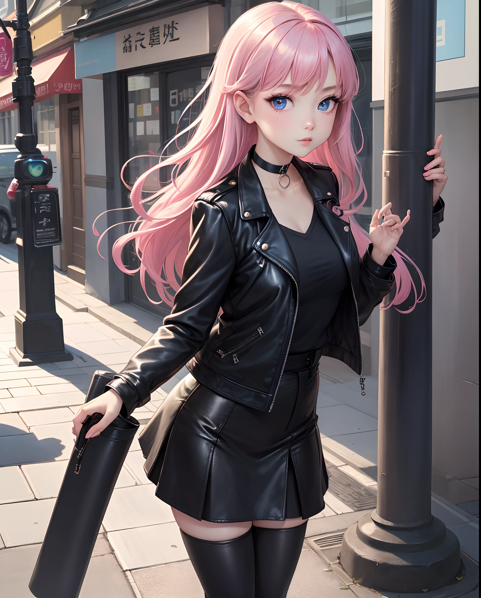 masterpiece:1.2、hightquality、top-quality、hight resolution、detaileds、A hyper-realistic、Beautiful female detective who looks mature、Adults、Black leather jacket、Black Leather Jeans Mini Skirt、Heart-shaped choker、Hair is pink、Beautiful blue eyes、Female Detective、独奏、street corner、Feeling standing、gazing at viewer、full body Esbian、birdie、rainbows、brilliance、portlate、cool expression、a cool、(A detailed face)、((foco nítido))、((faces))、The upper part of the body_Body