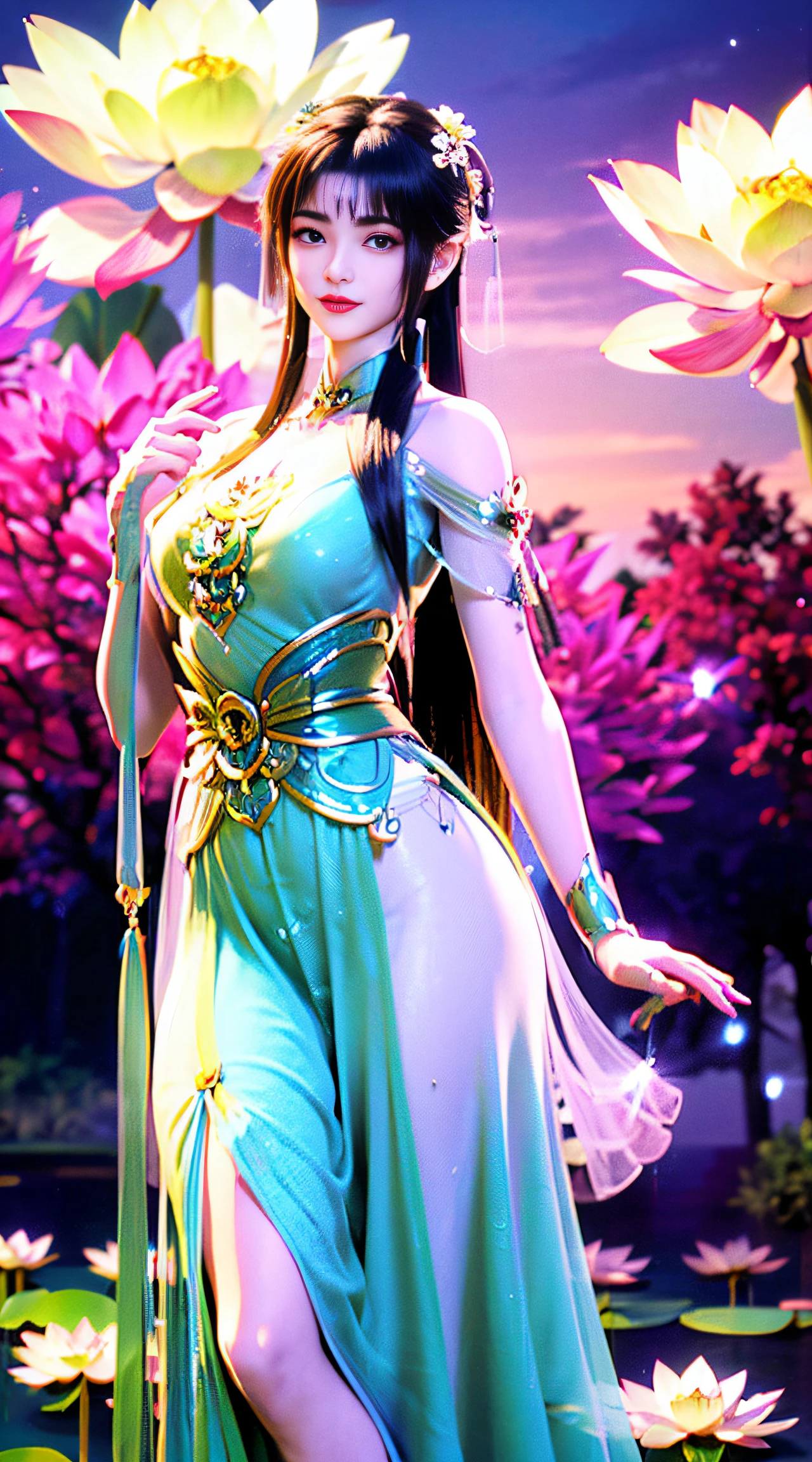 (((1 fairy standing on a lotus pond))), (((nude))), hair jewelry, double tail, (exquisite jewelry), flawless beautiful face of goddess Athena ,((hanfu white blue see-through thin sequins with many details )), legendary goddess, symbolic goddess, sparkling beautiful goddess style, red lipstick,(shy), detailed and delicate, beautiful lips delicate and delicately detailed, (pure and flawless face: 1.9), goddess body, round chest, long flat bangs, flower tattoo on forehead, beautiful face Bright eyes and balanced, (light purple eyes: 1.8) , (big round eyes and makeup, sexy wet eye makeup, very beautiful and meticulous hair makeup, long and delicate hair, delicate, shape: 1.8), shape: and alive, ((stars that make up the sky: 1.7), (((sky in the sky and the blue gate of fictional time and space: 1.8))), fictional art, ((lambent))