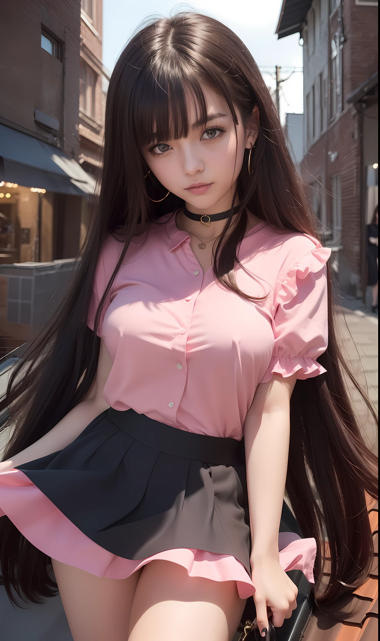1girl, realistic girl , smile, smile, (masterpiece),(Standing:1.2), ((Rooftop:1.3)), quality 8k, Masterpiece :1.3)), Whole body, Long legs, Sharp focus :1.2, A pretty woman with perfect figure :1.4, Slender abs :1.1, Highly detailed face and skin texture, Detailed eyes, ((Dark brown hair, Big breasts :1.2)), The ultra -The high-definition, (max resolution: 1.2), (UltraHD: 1.2), cinematric light, (Sharp Focus: 1.2, Detailed eyes and skin, detailed facial features, Perfect Style, Beautiful face, acurate, Anatomically correct body、Well-organized style、Detailed eyes, Thin eyebrows, Detailed hair strands、Natural cheeks, shinny skin, Fair skin、(Glitter Eyeliner: 1.2)、full body Esbian、PINK SHIRT、frill shirt、(Fashionable pink shirts and skirts:1.3)、Detailed eyes and mouth、Moist eyes、Glossy lips、Long Black Hair、Black eyes、a choker、Lustrous skin、Very white skin、Slim body、Beautiful thighs、Gentle face、blushed face、nightcity、Shooting from above、The theme is「City of beauty and night」、detailed city、neons、8K、large filesize, amereiconoise