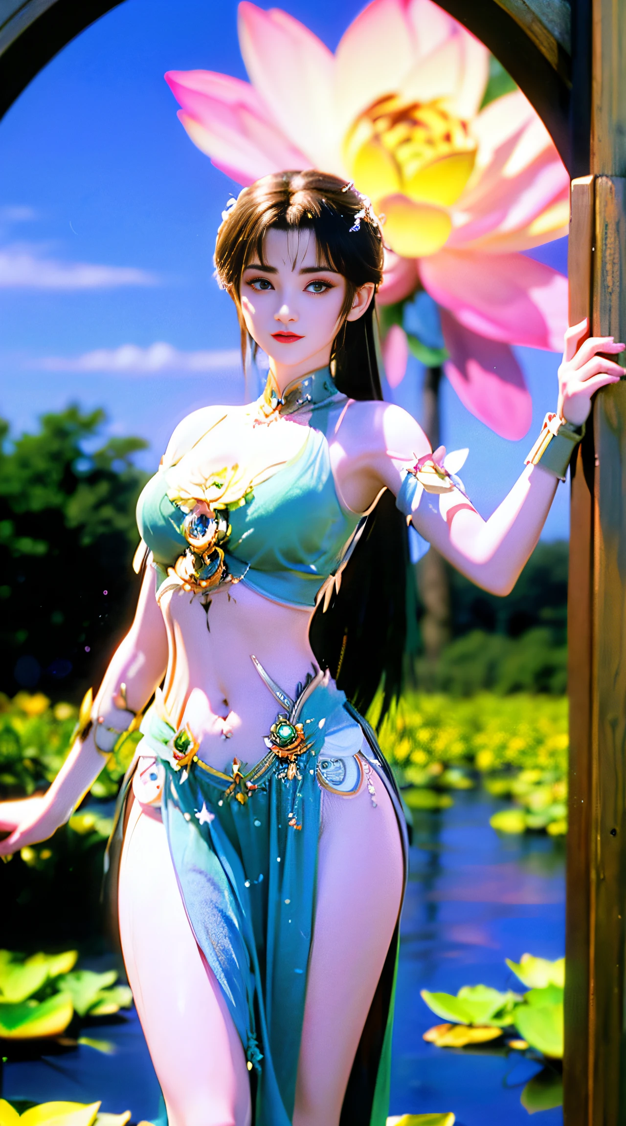 (((1 fairy standing on a lotus pond))), (((nude))), hair jewelry, double tail, (exquisite jewelry), flawless beautiful face of goddess Athena ,((white lace bikini with exquisite details)), legendary goddess, symbolic goddess, sparkling beautiful goddess style, red lipstick,(shy), detailed and delicate, beautiful lips delicate and delicate details, (pure and flawless face: 1.9), goddess body, round chest, long flat bangs, flower tattoo on forehead, beautiful face Bright and well-proportioned eyes , (light purple eyes: 1.8) , (big round eyes and makeup, sexy wet eye makeup, very beautiful and meticulous hair makeup, long and delicate hair, delicate, shape: 1.8), shape : and vivid, ((stars that make up the sky: 1.7), (((sky in the sky and the blue gate of fictional time and space: 1.8))), fictional art, (( lambent))