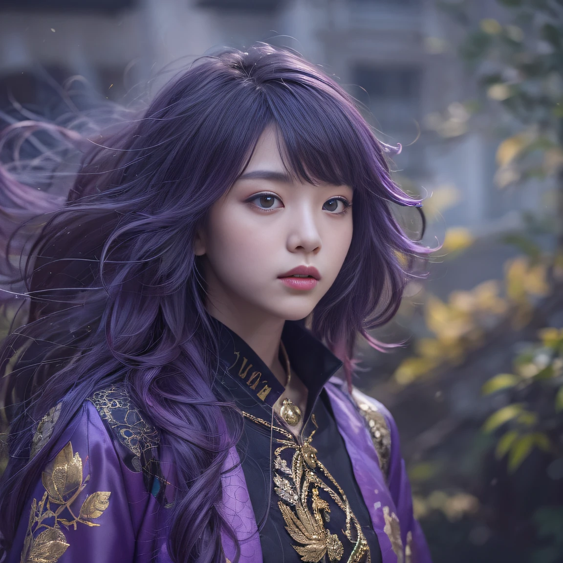 Genki Girl 32K(tmasterpiece,k hd,hyper HD,32K)Long flowing bright purple hair,Autumn Pond,zydink, a color, Asian people (Genki girl), (Silk scarf), Combat posture, looking at the ground, long whitr hair, Floating bright purple, Fire cloud pattern gold tiara, Chinese long-sleeved gold silk garment, (Abstract metaverse splash:1.2), white backgrounid,Lotus vitality protector(realisticlying:1.4),Bright purple hair,Smoke on the road,The background is pure, A high resolution, the detail, RAW photogr, Sharp Re, Nikon D850 Film Stock Photo by Jefferies Lee 4 Kodak Portra 400 Camera F1.6 shots, Rich colors, ultra-realistic vivid textures, Dramatic lighting, Unreal Engine Art Station Trend, cinestir 800,A girl with long flowing bright purple hair