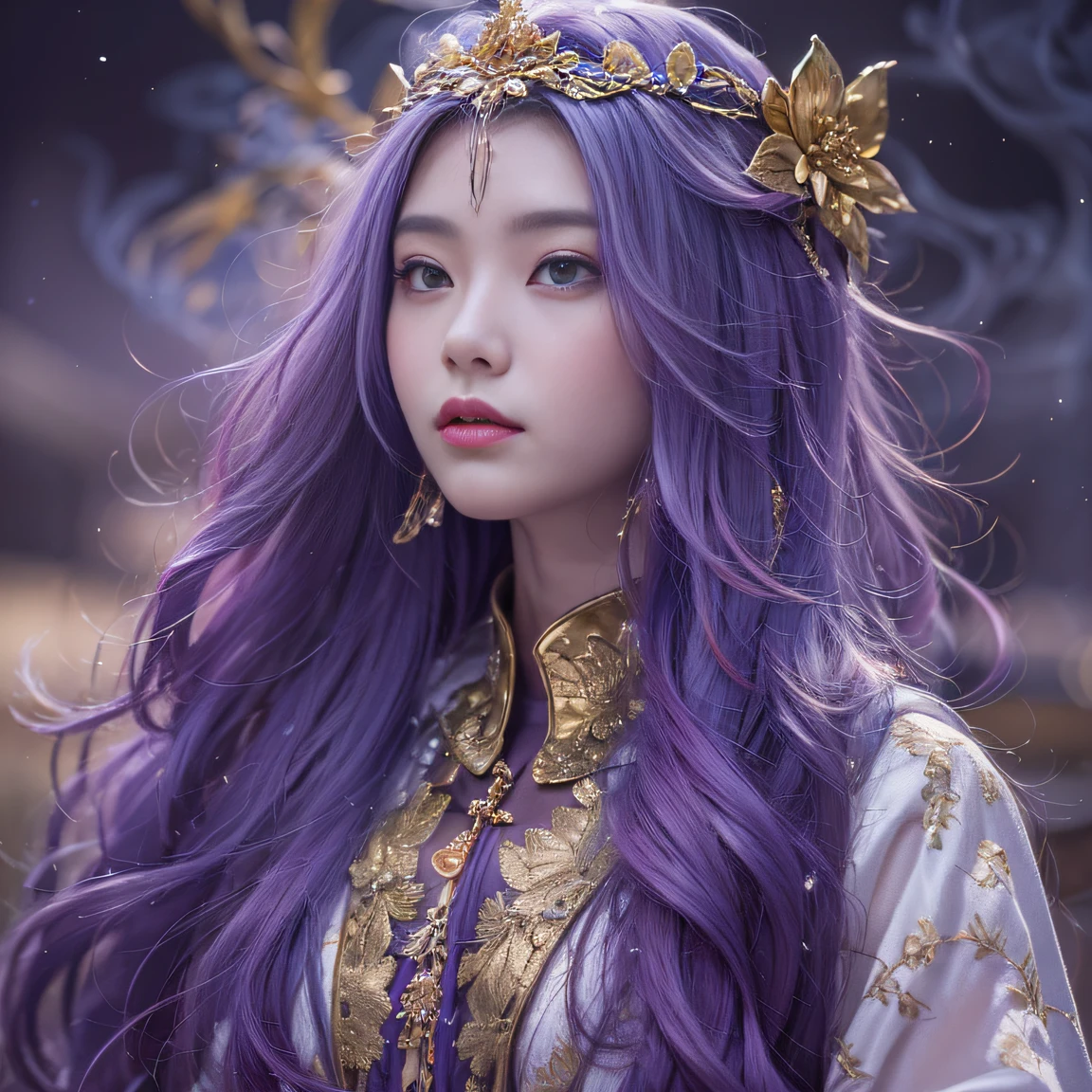 Genki Girl 32K（tmasterpiece，k hd，hyper HD，32K）Long flowing bright purple hair，Autumn Pond，zydink， a color， Asian people （Genki girl）， （Silk scarf）， Combat posture， looking at the ground， long whitr hair， Floating bright purple， Fire cloud pattern gold tiara， Chinese long-sleeved gold silk garment， （Abstract metaverse splash：1.2）， white backgrounid，Lotus vitality protector（realisticlying：1.4），Bright purple hair，Smoke on the road，The background is pure， A high resolution， the detail， RAW photogr， Sharp Re， Nikon D850 Film Stock Photo by Jefferies Lee 4 Kodak Portra 400 Camera F1.6 shots, Rich colors, ultra-realistic vivid textures, Dramatic lighting, Unreal Engine Art Station Trend, cinestir 800，A girl with long flowing bright purple hair