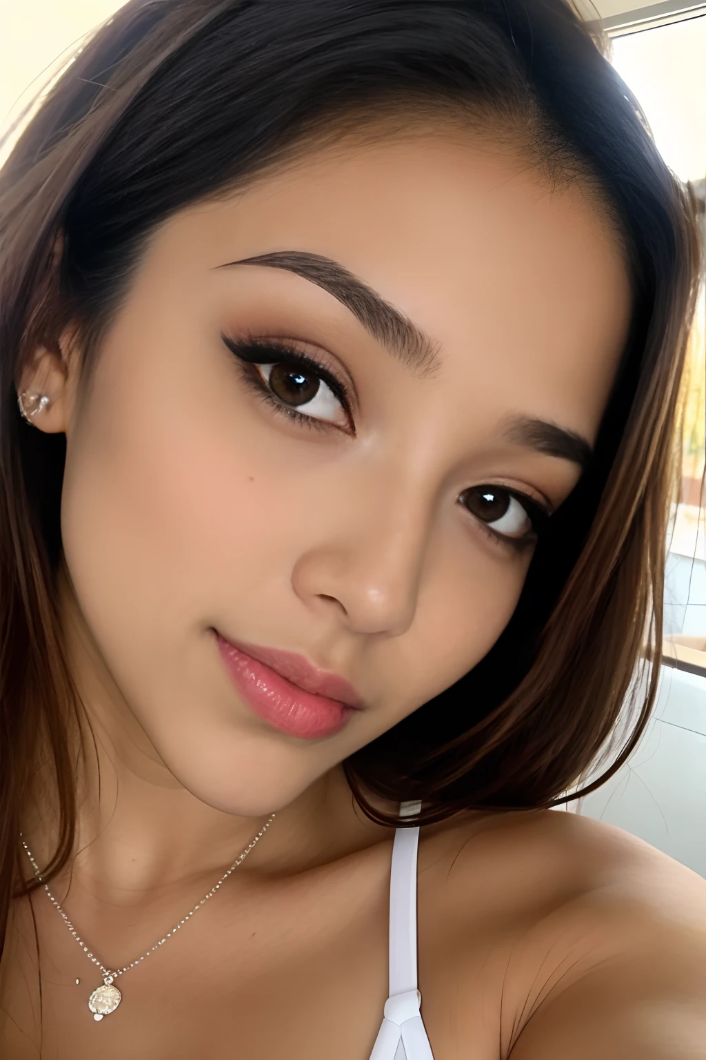 Mulher morena linda tirando selfie realista