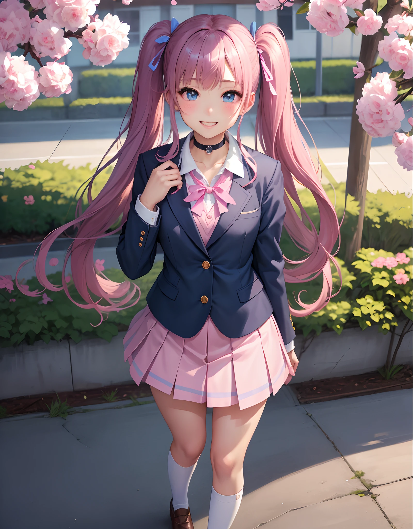 masterpiece:1.2、hightquality、top-quality、hight resolution、detaileds、A hyper-realistic、Beautiful schoolgirl looking mature、adult-like、High School Uniform、Dark blue blazer、Pink mini skirt、Pink ribbon、long hair with pink twin tails,,,,,,,、Heart-shaped choker、Beautiful blue eyes、full body Esbian、High school students、独奏、High school grounds、Turf Ground、gazing at viewer、frontage、Same eye level、full body Esbian、birdie、rainbows、brilliance、portlate、Lovely smile、Woman showing teeth、(A detailed face)、((foco nítido))、((faces))、The upper part of the body_Body