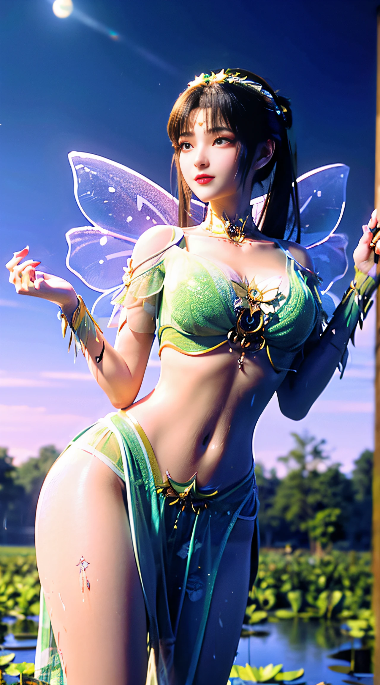 (((1 fairy standing on a lotus pond))), ((())), hair jewelry, double tail, (exquisite jewelry), flawless beautiful face of goddess Athena ,((white lace bikini with exquisite details)), legendary goddess, symbolic goddess, sparkling beautiful goddess style, red lipstick,(shy), detailed and delicate, beautiful lips delicate and delicate details, (pure and flawless face: 1.9), goddess body, round chest, long flat bangs, flower tattoo on forehead, beautiful face Bright and well-proportioned eyes , (light purple eyes: 1.8) , (big round eyes and makeup, sexy wet eye makeup, very beautiful and meticulous hair makeup, long and delicate hair, delicate, shape: 1.8), shape : and vivid, ((stars that make up the sky: 1.7), (((sky in the sky and the blue gate of fictional time and space: 1.8))), fictional art, (( lambent))