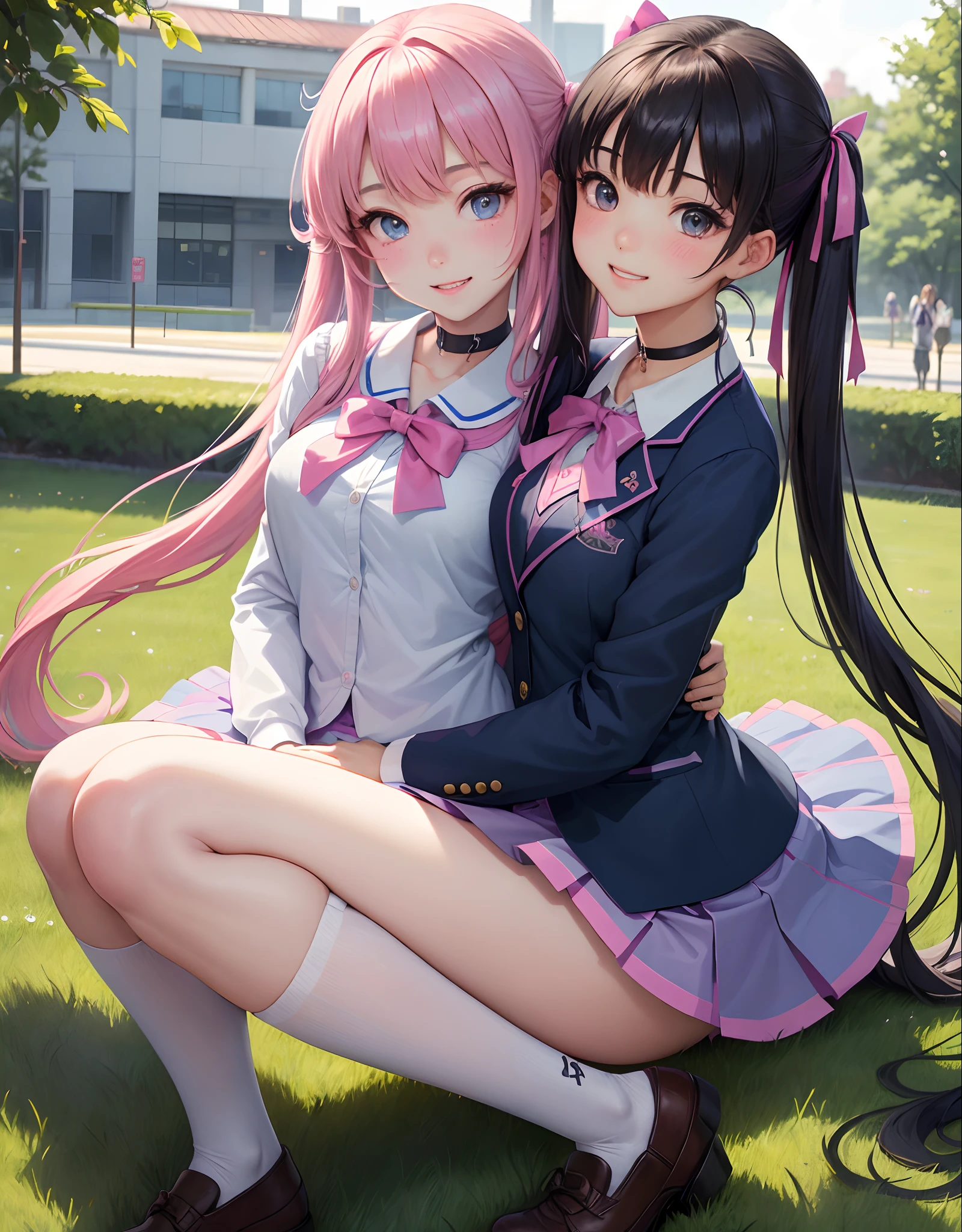 ​masterpiece:1.2、hightquality、top-quality、hight resolution、detaileds、A hyper-realistic、Beautiful schoolgirl looking mature、adult-like、High School Uniform、Dark blue blazer、Pink mini skirt、Pink ribbon、long hair with pink twin tails,,,,,,,、Heart-shaped choker、Beautiful blue eyes、full body Esbian、High school students、独奏、High school grounds、Turf Ground、gazing at viewer、frontage、Same eye level、full body Esbian、birdie、rainbows、brilliance、portlate、Lovely smile、Woman showing teeth、(A detailed face)、((foco nítido))、((faces))、The upper part of the body_Body