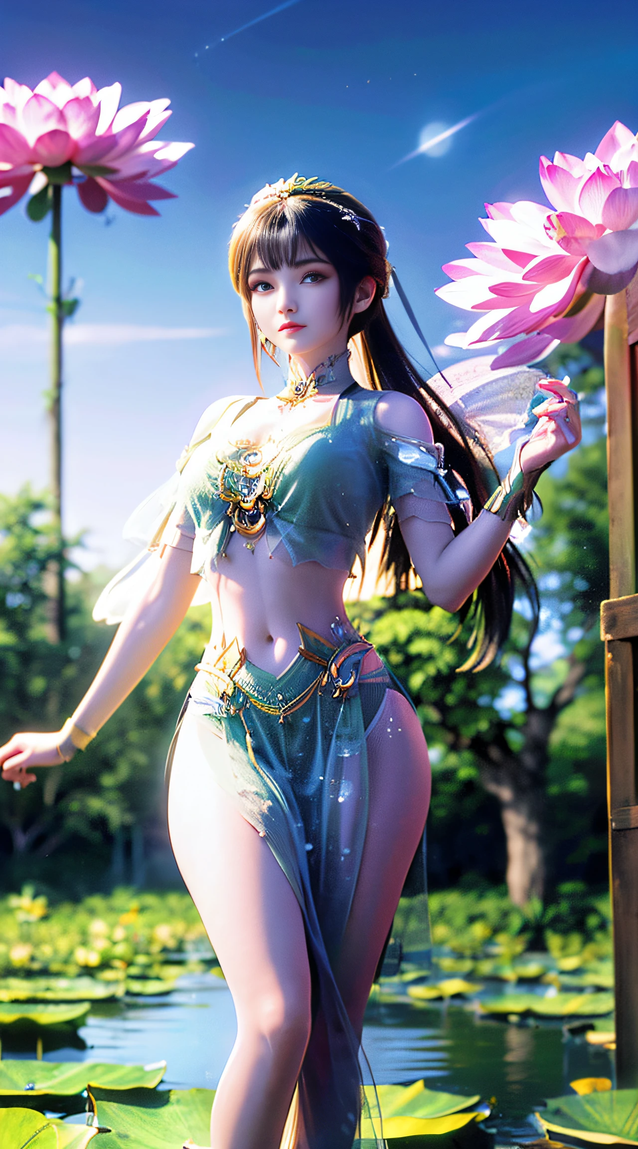 (((1 fairy standing on a lotus pond))), ((())), hair jewelry, double tail, (exquisite jewelry), flawless beautiful face of goddess Athena ,((white lace bikini with exquisite details)), legendary goddess, symbolic goddess, sparkling beautiful goddess style, red lipstick,(shy), detailed and delicate, beautiful lips delicate and delicate details, (pure and flawless face: 1.9), goddess body, round chest, long flat bangs, flower tattoo on forehead, beautiful face Bright and well-proportioned eyes , (light purple eyes: 1.8) , (big round eyes and makeup, sexy wet eye makeup, very beautiful and meticulous hair makeup, long and delicate hair, delicate, shape: 1.8), shape : and vivid, ((stars that make up the sky: 1.7), (((sky in the sky and the blue gate of fictional time and space: 1.8))), fictional art, (( lambent))