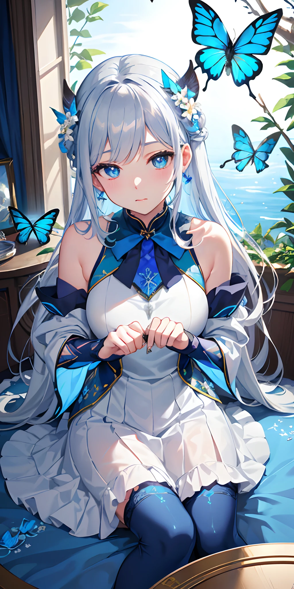 (Overhead Views),Dynamic Angle,Ultra Detail, Illustration, Close Up, Straight, One Girl, (Fantasy:1.4), (Azure Eyes:1.233),Her Eyes Glowed Like Dreamy Stars,(Glowing Eyes:1.233),(Beautiful and Delicate Eyes:1.1),(Silver Hair:1.14),(Unkempt Hair,Very Long Hair,Braids,Between Eyes,Side Locks), (+ (Bull Hair Flower: 1.14)),(Chiffon Dress,Blue Floral Pattern on Uniform)/=(Military Uniform: 1.24),(Sleeveless,Wide Sleeve),(Fingerless Gloves),Choker,(Priestess Niso),High Heels,(Expressionless,Mouth Closed),(Stingling),(Classic Princess Boudoir with Dressing Table and French Window in White Ancient Palace),(White Flower,Flower),(Deep Sea),(Flowing Water),(Dull Blue World Tree:1.14), (Ruins),(Night:1.2 ),Dreamy,Soul,(Fluorescence),(Translucent Blue Butterfly Fly:1.15),[[Delicate Fingers and Hands:0.55]::0.85],(Fine Fingers),(Yubao:0.5),