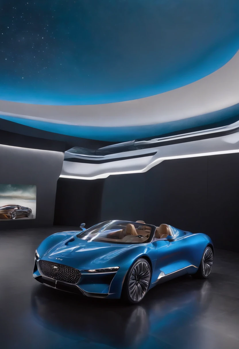 color photo of: a futuristic luxury car at an exhibition,

a sleek metallic body shimmering under the

spotlights,

glistening chrome accents highlighting its elegant curves,

meticulously crafted LED headlights

illuminating the surroundings,

the iconic emblem gleaming proudly on the

front grille,

a panoramic glass roof showcasing the

futuristic interior,

the plush leather seats inviting you to experience ultimate comfort,

the state-of-the-art touchscreen display

dazzling with advanced technology, surround sound speakers creating an immersive audio experience,

a holographic dashboard projecting vital information with precision, the futuristic design seamlessly blendingaerodynamics and style, the exhibition hall bathed in a soft, futuristic blue lighting,

a crowd of admirers marveling at the

cutting-edge craftsmanship, whispers of awe and admiration filling the air,

an atmosphere of anticipation and excitement permeating the scene,

the camera capturing every intricate detail

and futuristic essence, using a high-resolution DSLR camera with a

wide-angle lens,

shooting on a vibrant color film to enhance the futuristic elements,

employing long exposure techniques to

capture the dynamic lighting, directed by Christopher Nolan, cinematography by Roger Deakins, photography by Annie Leibovitz, fashion design by Alexander McQueen,

-c 10-ar 2:3