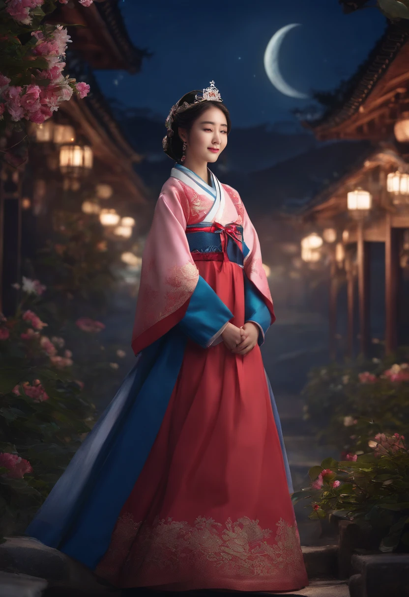Best quality, High_Resolution, distinct_image, Detailed background ,Girl, Hanbok,flower,sonoko,Moon, Night,Dutch angle, Wide shot, crown,