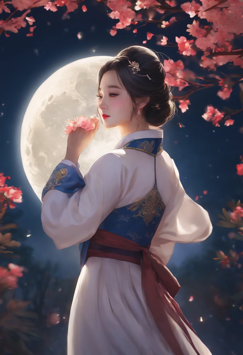 best quality, high_resolution, distinct_image, detailed background ,girl, hanbok,flower,garden,moon, night,dutch angle, wide shot, crown,