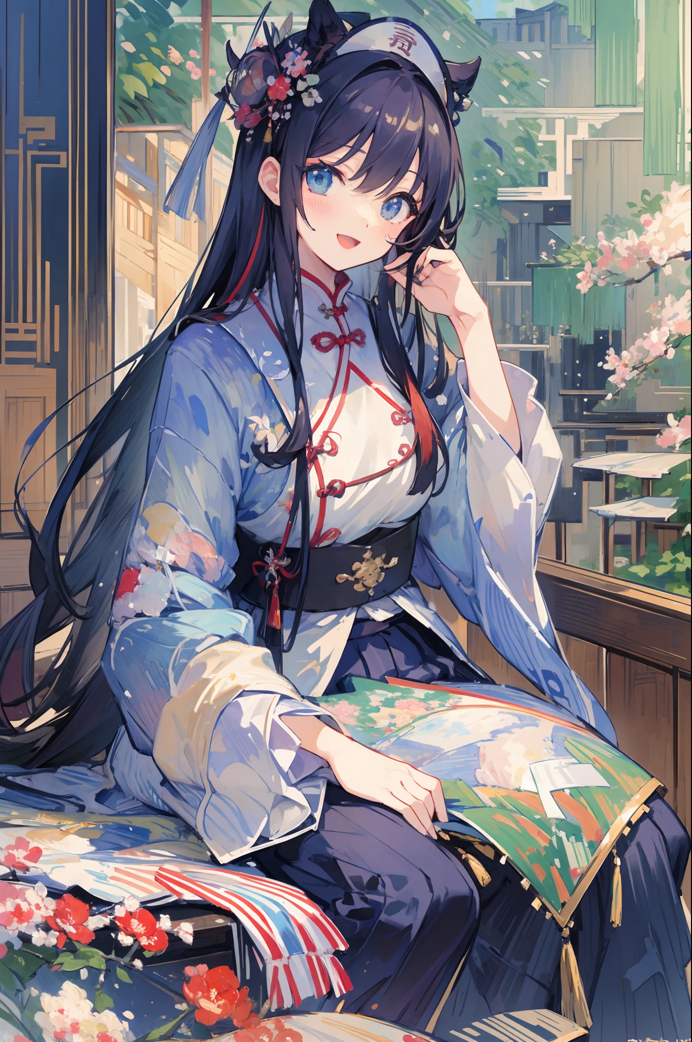 8620 \(Maitetsu\),masterpiece, best quality, ultra-detailed, illustration,looking at viewer,white chinese clothes,:d,sitting,(Impressionism:1.4),