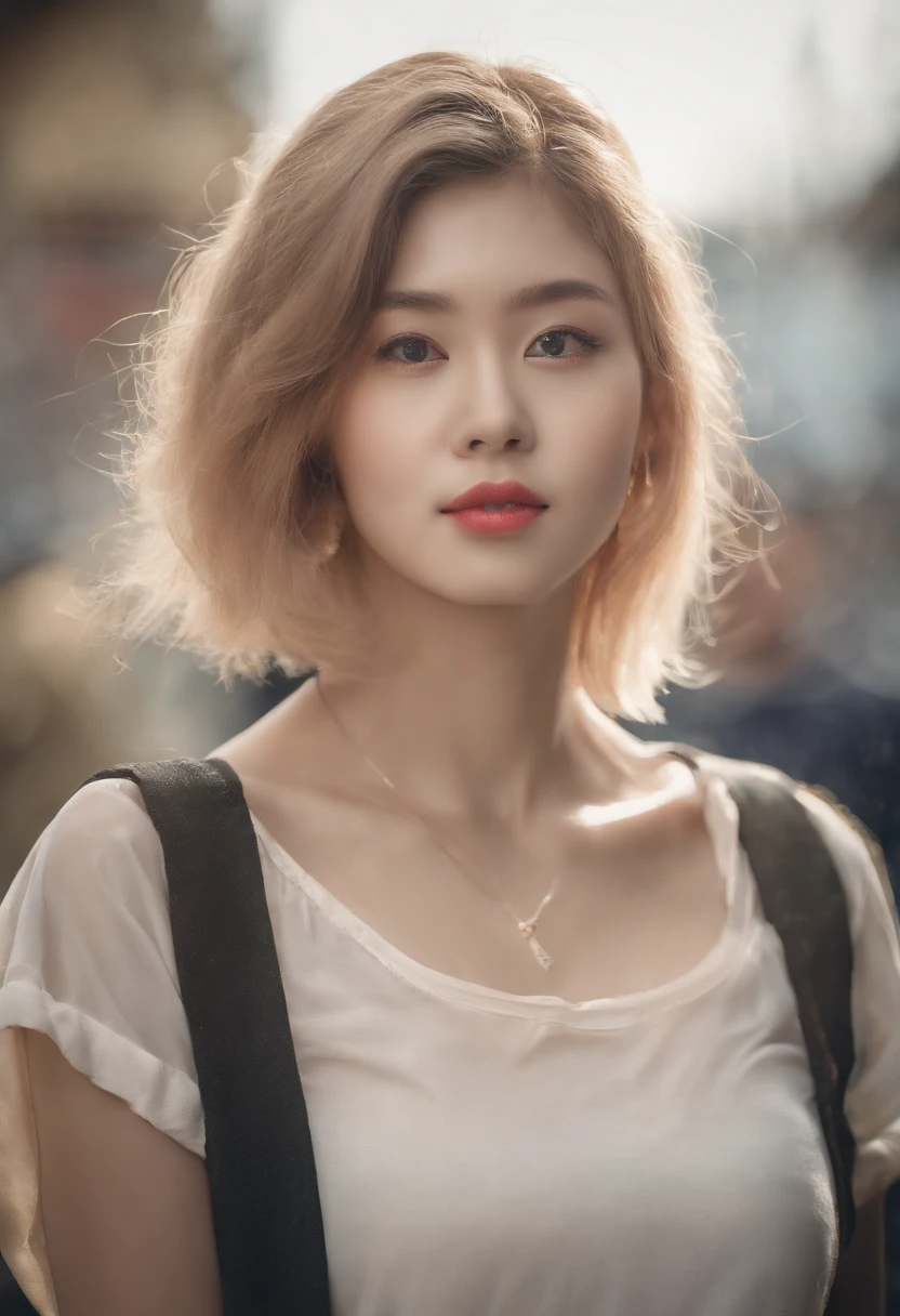 big breast, short layer hair, korean girl, manhwa girl, realistict, pretty, naughty face, tank top, abs, 18 years old girl, black hair,