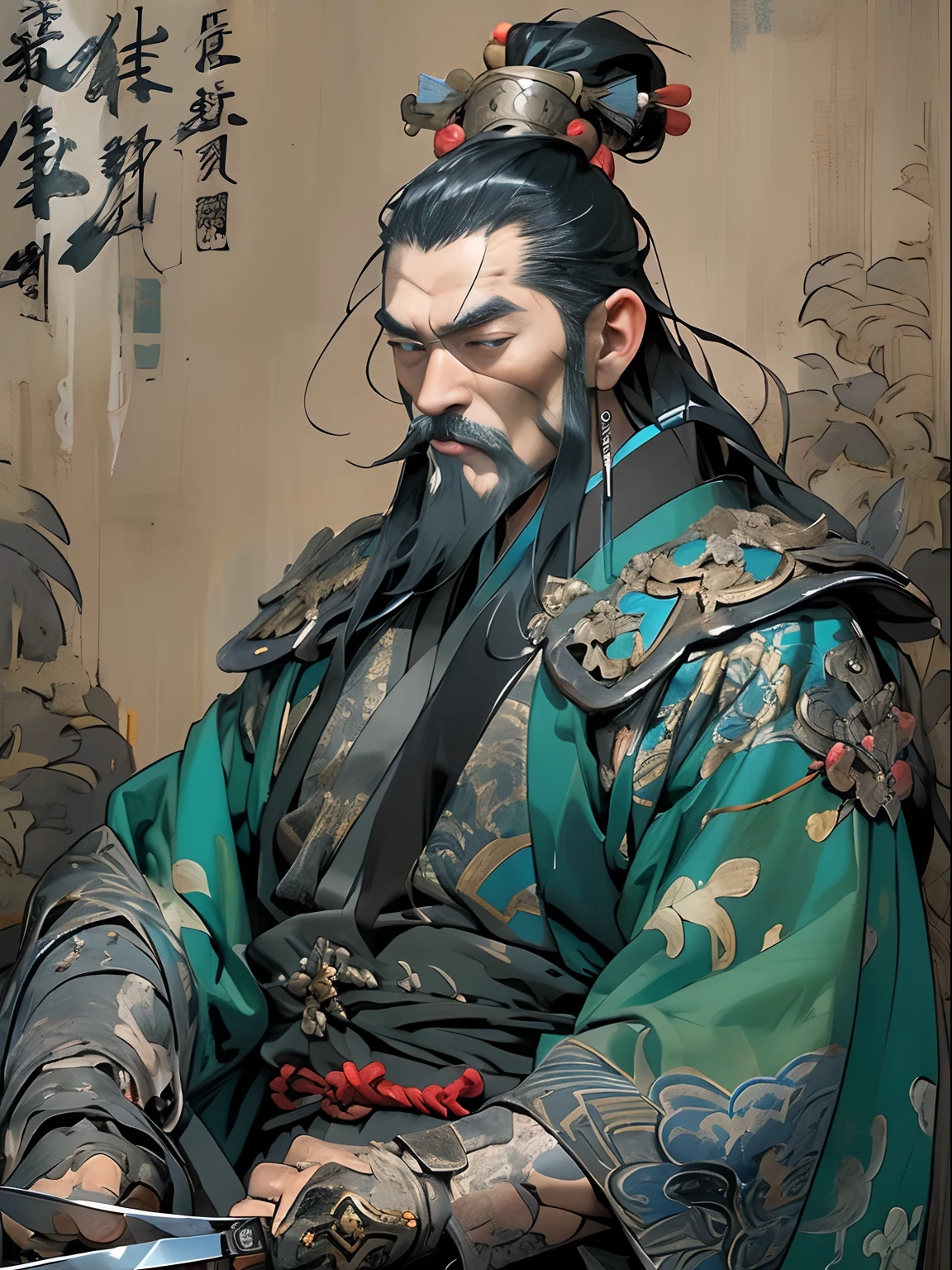 (((China-style,Ink painting method,Half-length portrait,Intense color,Han dynasty, China,Hanfu,Armor,Guan yu,Guan Yunchang,of a guy,Ruddy killing square face,Hold the Blue Dragon Moon Knife in his right hand,Stroke your beard with your left hand,Long hair,petty eyes,Green robe))), (((best qualityer))), (((tmasterpiece))), (((AS-Adult))), ((( Japanese ))), Look up from your knees, Handsome Asian samurai,perfect body figure, Modern samurai, ((( Asian))), Wear gloves on your hands,The left arm is made of steel and metal tips,Made of protective devices, The eyes are pulled, (( Appears below the chest )), (( Small dental floss )), Simon Bisley, Almost naked(Simon Bisley)Castle City Wilderness,For high-resolution posters, hair straight, Minimum clothing, armure (Crazy clothes ), Full of tips and rivets, tribal tattoos, (((full bodyesbian))), Straight brunette hair,Colored hair ends