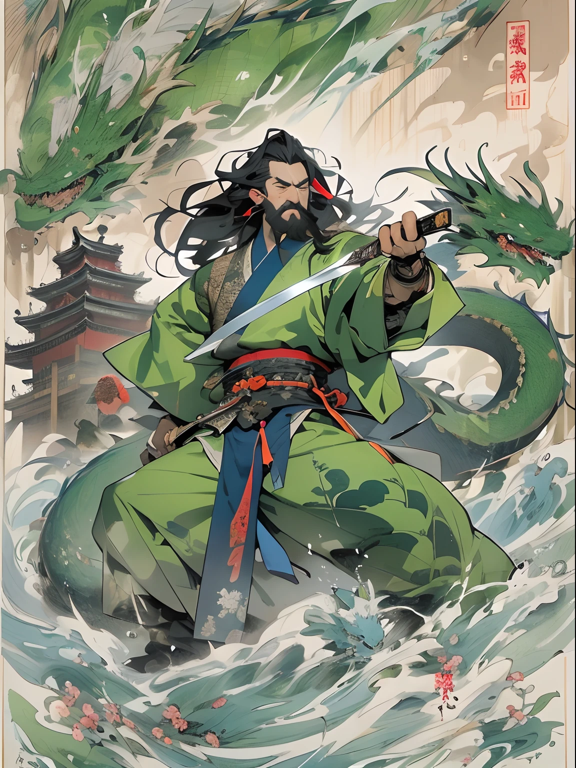 (((China-style，Ink painting method，Half-length portrait，Intense color，Han dynasty, China，Hanfu，Armor，Guan yu，Guan Yunchang，of a guy，Ruddy killing square face，Hold the Blue Dragon Moon Knife in his right hand，Stroke your beard with your left hand，Long hair，petty eyes，Green robe))), (((best qualityer))), (((tmasterpiece))), (((AS-Adult))), ((( Japanese ))), Look up from your knees, Handsome Asian samurai，perfect body figure, Modern samurai, ((( Asian))), Wear gloves on your hands，The left arm is made of steel and metal tips，Made of protective devices, The eyes are pulled, (( Appears below the chest )), (( Small dental floss )), Simon Bisley, Almost naked（Simon Bisley）Castle City Wilderness，For high-resolution posters, hair straight, Minimum clothing, armure (Crazy clothes ), Full of tips and rivets, tribal tattoos, (((full bodyesbian))), Straight brunette hair，Colored hair ends