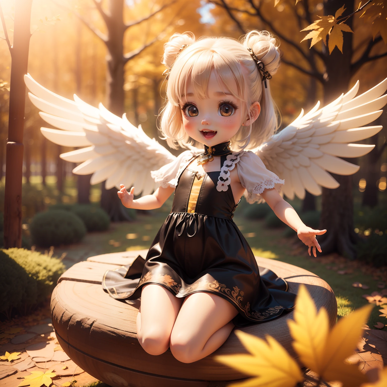 Cute Baby Chibi Anime,(((Chibi 3D))) (Best Quality) (Master Price)、Chibi Angel、Open your mouth and smile、A detailed face、(Floating in the air:1.3)、White hair、Jewelry Decoration Costumes、Sun shining in the morning sun、Autumn foliage in the fairy tale autumn forest、the presence of wings from behind,,、Sit with your knees