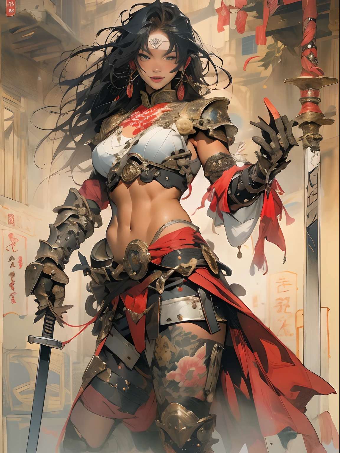 (((woman))), (((best qualityer))), (((tmasterpiece))), (((AS-Adult))), ((( Japanese ))), Look up from your knees, A beautiful asian samurai woman with perfect body, Modern samurai, ((( Asian))), Wear gloves on your hands,The left arm is made of steel and metal tips,Made of protective devices, The eyes are pulled, (( Appears below the breast )), (( Small dental floss )), Simon Bisley, Almost naked(Simon Bisley)Castle City Wilderness,For high-resolution posters, hair straight, Minimum clothing, armure (Crazy clothes ), Full of tips and rivets, tribal tattoos, (((full bodyesbian))), Straight brunette hair,Colored hair ends