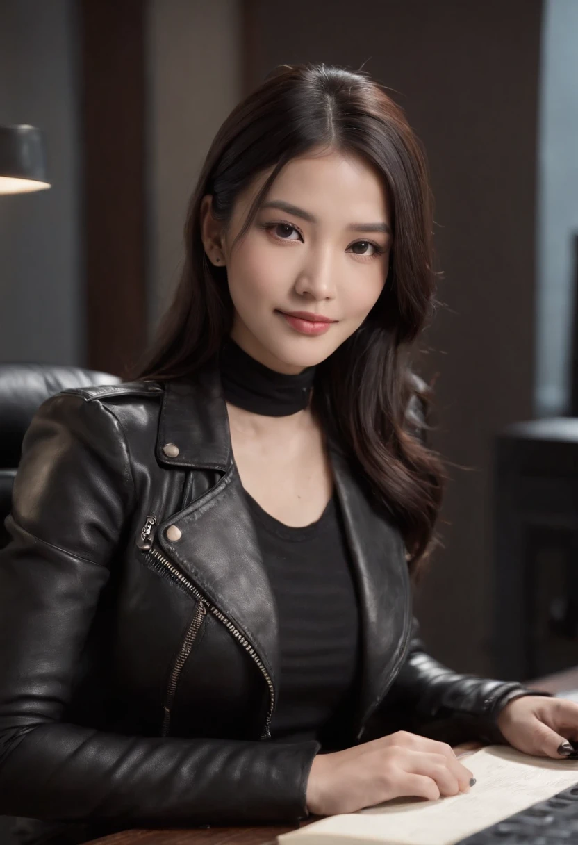 Wearing black leather gloves in both hands, upper body, black leather riders jacket, necklace on the chest, smiling at the desk in the modern study in the dark, long and straight black hair, young Japanese woman (black leather gloves covering both hands) with the fingers of black leather gloves, sitting on the chair, working on the computer, staring at the screen