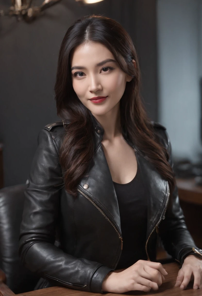 Wearing black leather gloves in both hands, upper body, black leather riders jacket, necklace on the chest, smiling at the desk in the modern study in the dark, long and straight black hair, young Japanese woman (black leather gloves covering both hands) with the fingers of black leather gloves, sitting on the chair, working on the computer, staring at the screen