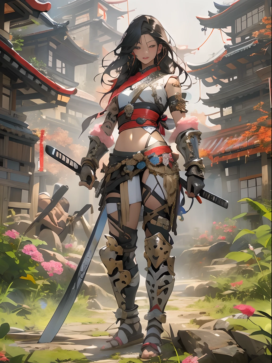 (((woman))), (((best qualityer))), (((tmasterpiece))), (((AS-Adult))), ((( Japanese ))), Look up from your knees, A beautiful asian samurai woman with perfect body, Modern samurai, ((( Asian))), Wear gloves on your hands,The left arm is made of steel and metal tips,Made of protective devices, The eyes are pulled, (( Appears below the breast )), (( Small dental floss )), Simon Bisley, Almost naked(Simon Bisley)Castle City Wilderness,For high-resolution posters, hair straight, Minimum clothing, armure (Crazy clothes ), Full of tips and rivets, tribal tattoos, (((full bodyesbian))), Straight brunette hair,Colored hair ends