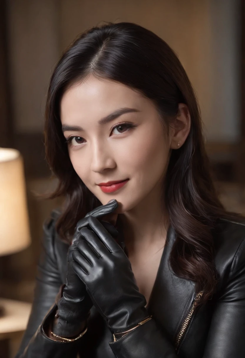 Wearing black leather gloves in both hands, upper body, black leather riders jacket, necklace on the chest, smiling at the desk in the modern study in the dark, long and straight black hair, young Japanese woman (black leather gloves covering both hands) with the fingers of black leather gloves, sitting on the chair, working on the computer, staring at the screen