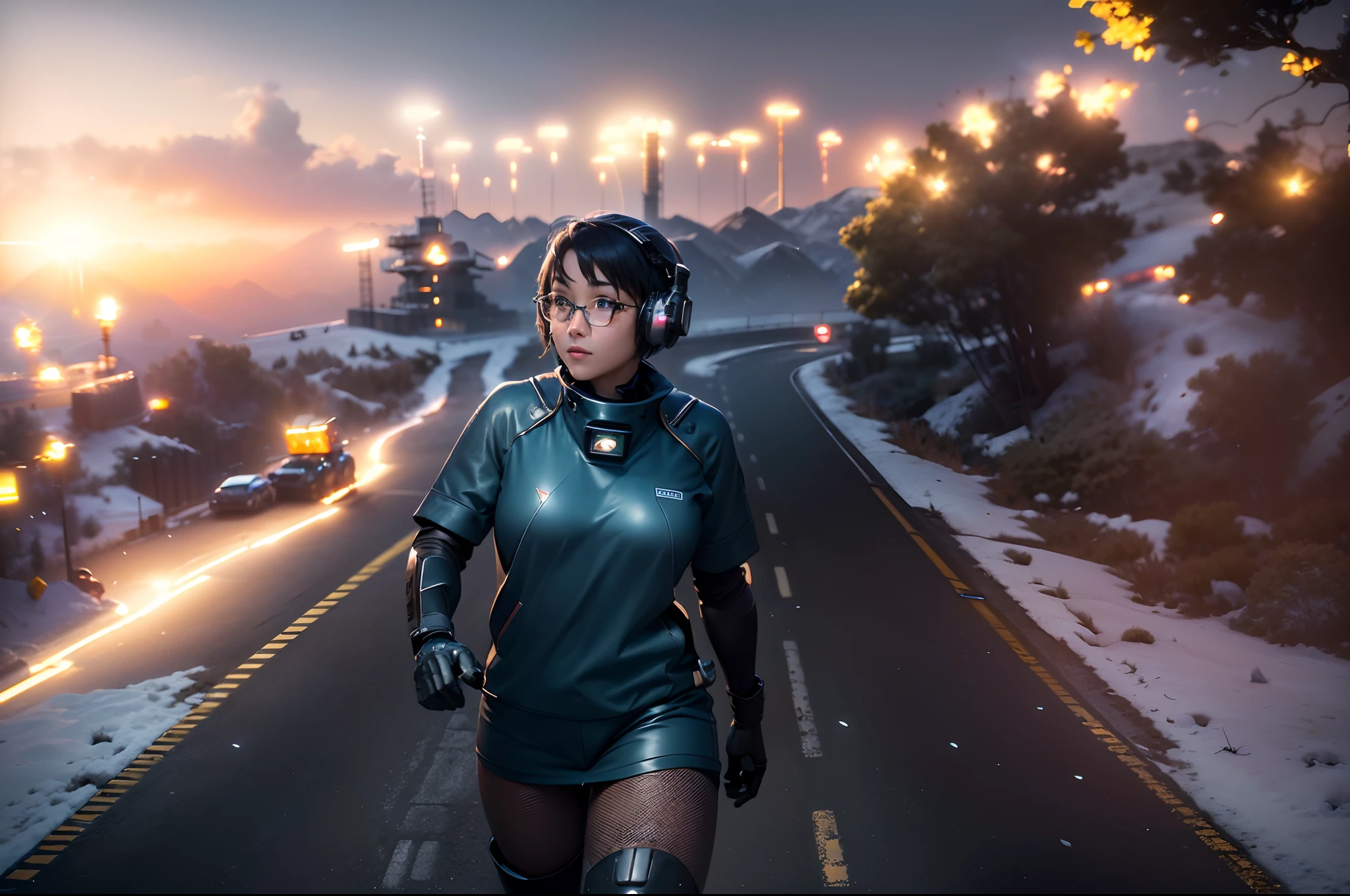 (masterpiece, highest quality, highest resolution, distinct_image, very elaborate CG, cinematic lighting, ray tracing, drop shadows, detailed detail, (photorealistic: 1.4), high quality textures, fine-grained, realistic face expression): (lone girl, face is Japan, short blue hair, small size breasts, sparkling eyes, Eye level shot, black color pilot suit, tight fit clothes, full-body covering clothing, light smile, beauty, slim body, exoskeleton, heroine, headset, long boots, gloves, large robot cockpit with forward leaning position and control stick, control panel, tools, safety equipment, radar display, touch panel, various indicators, cockpit, lever, computer keyboard, indicators, warning lights, fuel gauge, pressure gauge, control tower outside the window, large lever, foot access pedal, brake pedal, chunky manual, you can see another robot outside the window)