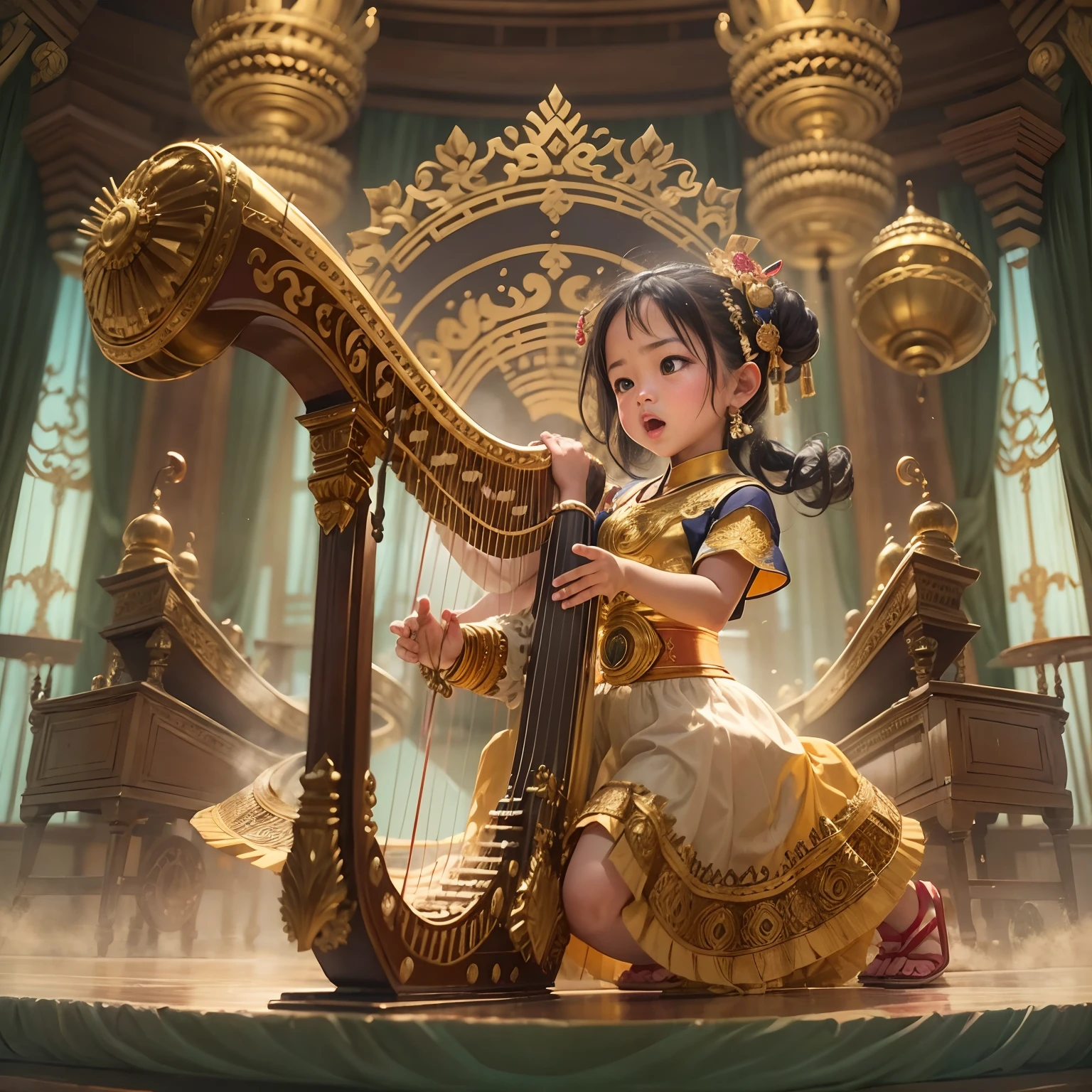1girl, a kids playing big harp, gamelan, javanese musical, ((epic background)), orchestra hall
