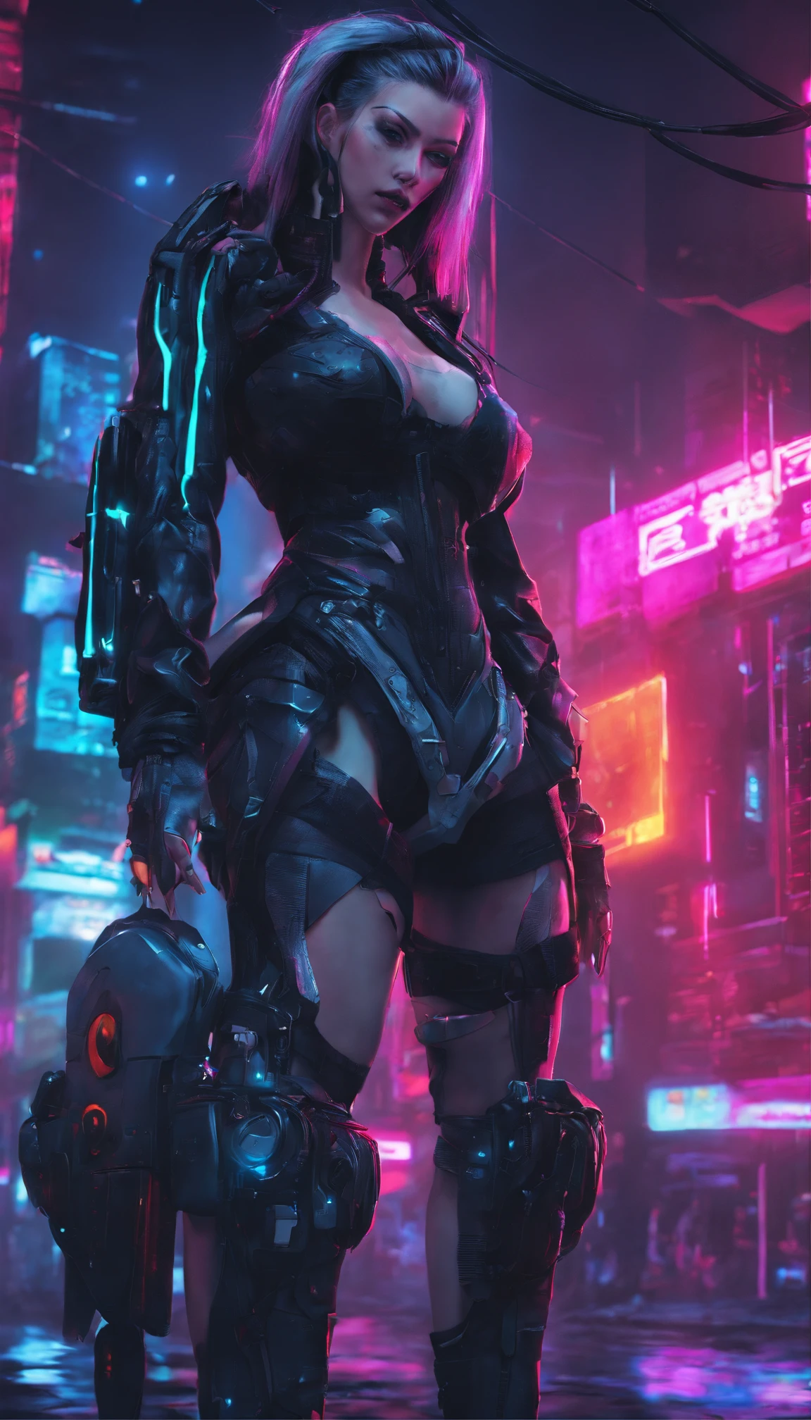 Tall and strong woman，Perfect face，Muscles throughout the body，A dark and thick extra-long dirty braid was scattered on the ground，Particularly thick and long legs，Incredibly exaggerated huge，Exaggerated body proportions，Huge buttocks，Full body mechanical decoration，Ultimate perfection in detail