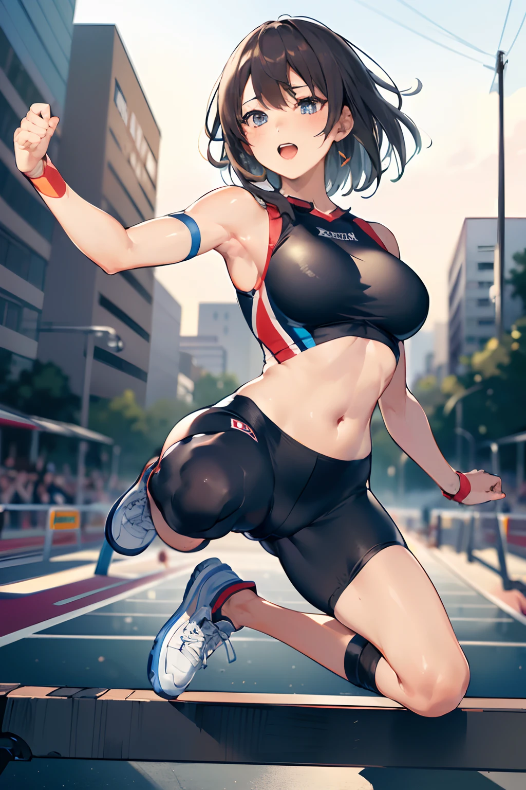 1 girl, ((matured woman jumping over a hurdle toward viewer:1.3, dynamic action pose:1.37, your left leg stretching toward viewer:1.1, leaning forward, sprint:1.2, athletic competition:1.2)), wearing white sports leggings and sports tank tops, (fine detailed eyes, super detailed face), (ultra high resolution, 8K RAW photo, super realistics, textile shading), outdoor, ((correct anatomy:1.37)), centered image, (shoulder focus:1.2), ((from front:1.37)), dynamic angle, from below, blurry background, bokeh,