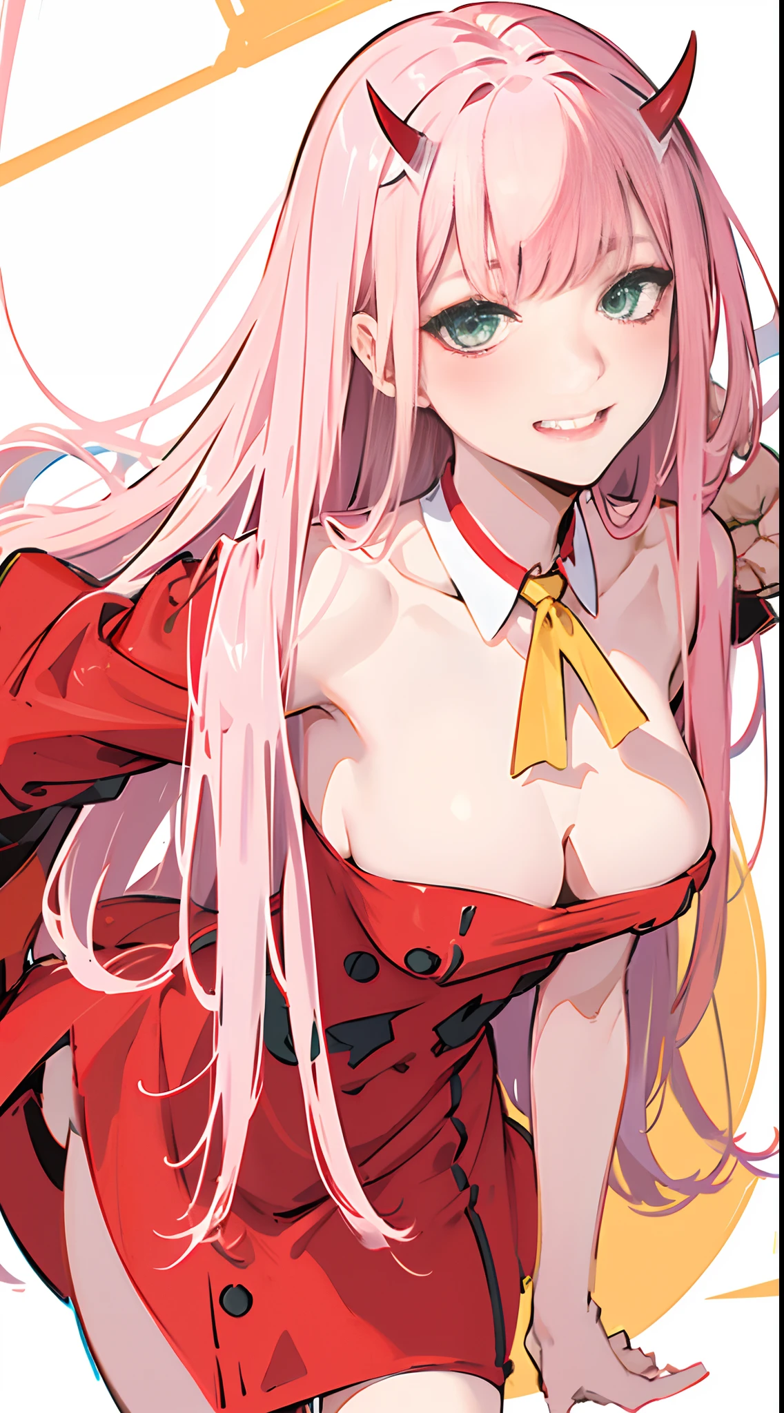 zero two \(darling on franxx\), darling on franxx, 1girl, fringe, bite, eyeshadow, green eyes, horns, long hair, looking at the viewer, small breasts, big thighs, makeup, red dress with details, yellow tie, closed eyes, smiling, pair of small red horns, pink hair, pilot suit, red bodysuit with white details, red eyeshadow, tight skin, solo