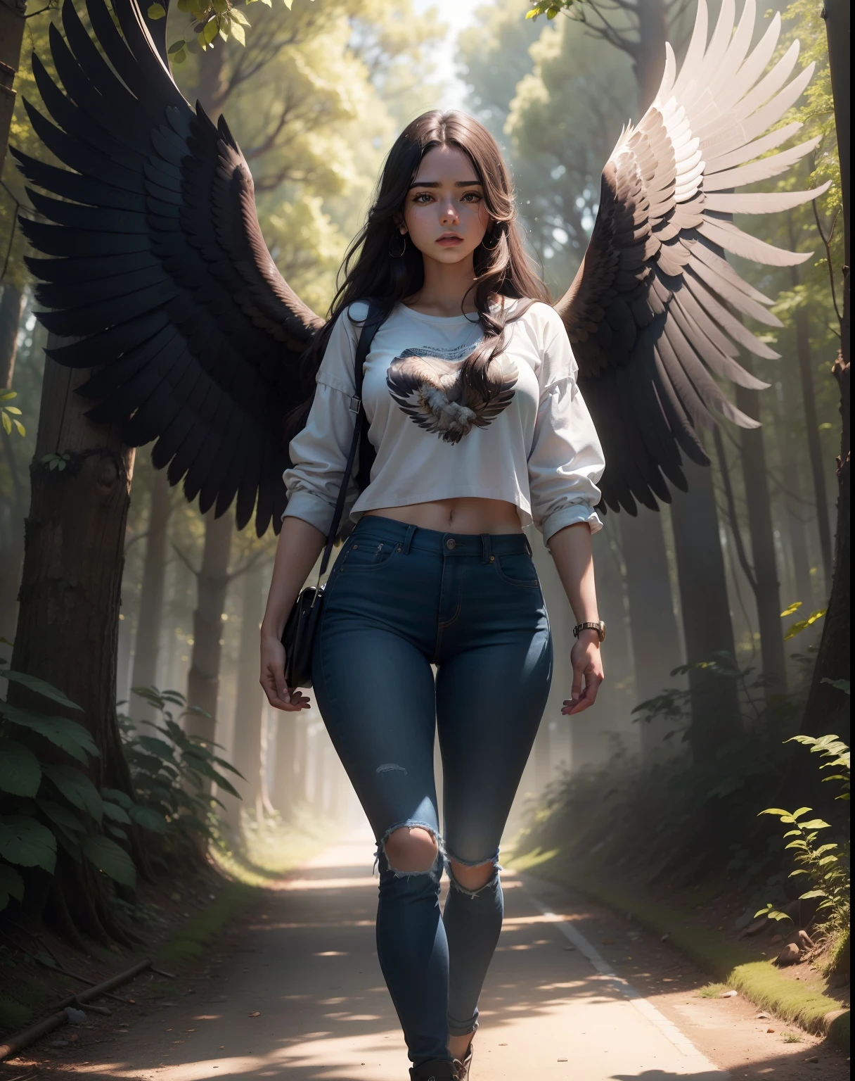 Full body portrait of a 20-year-old woman, cuerpo completo, gran trasero y grandes senos, muy detallado cg, textura detallada, usando ropa muy corta, with eagle wings, alas muy grandes, con cabello largo, en medio de un bosque, in daylight, atardecer, hiperrealista, 8 k resolution, 32k resolution, cinematic lighting, facciones de la cara muy detalladas
