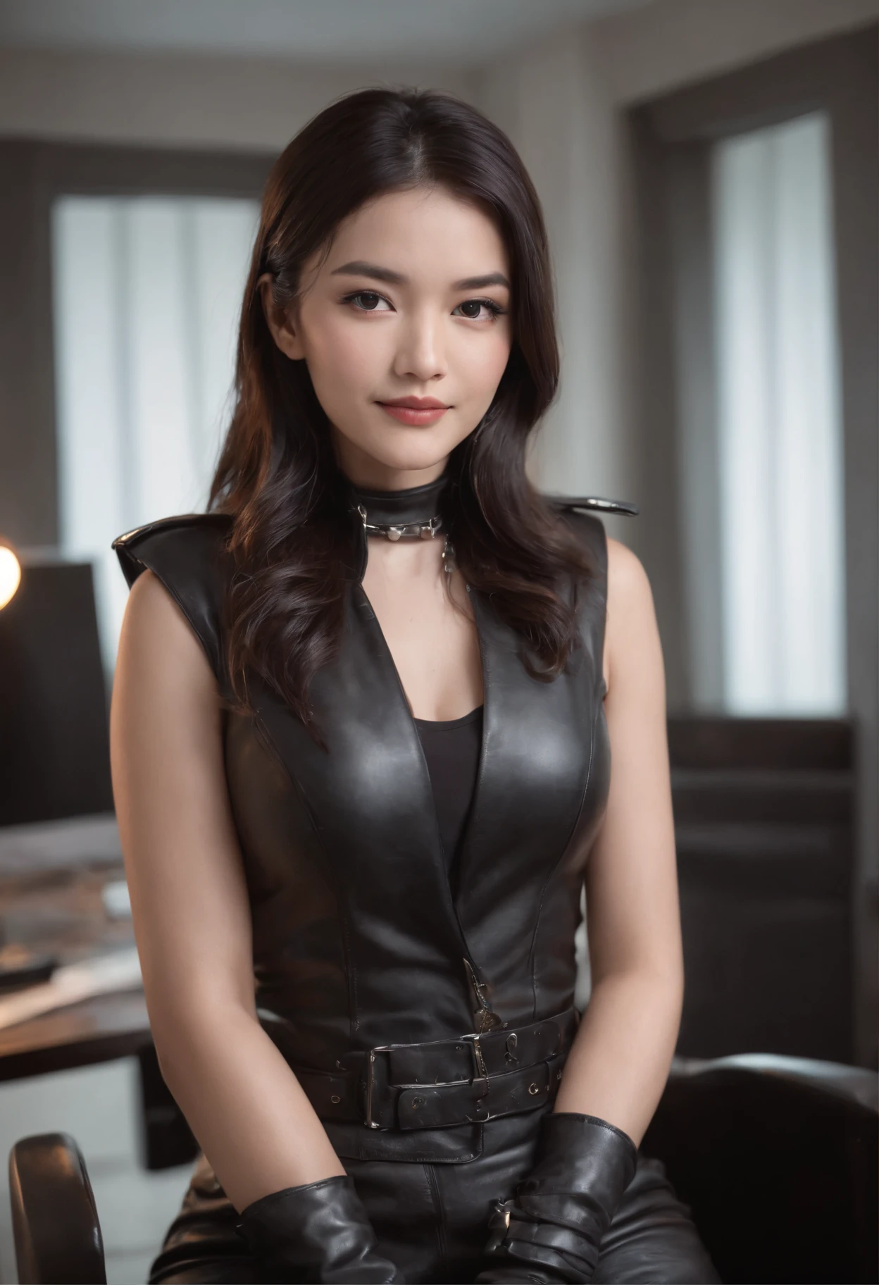 Wearing black leather gloves in both hands, upper body, black leather riders jacket, necklace on the chest, smiling at the desk in the modern study in the dark, long and straight black hair, young Japanese woman (black leather gloves covering both hands) with the fingers of black leather gloves, sitting on the chair, working on the computer, staring at the screen