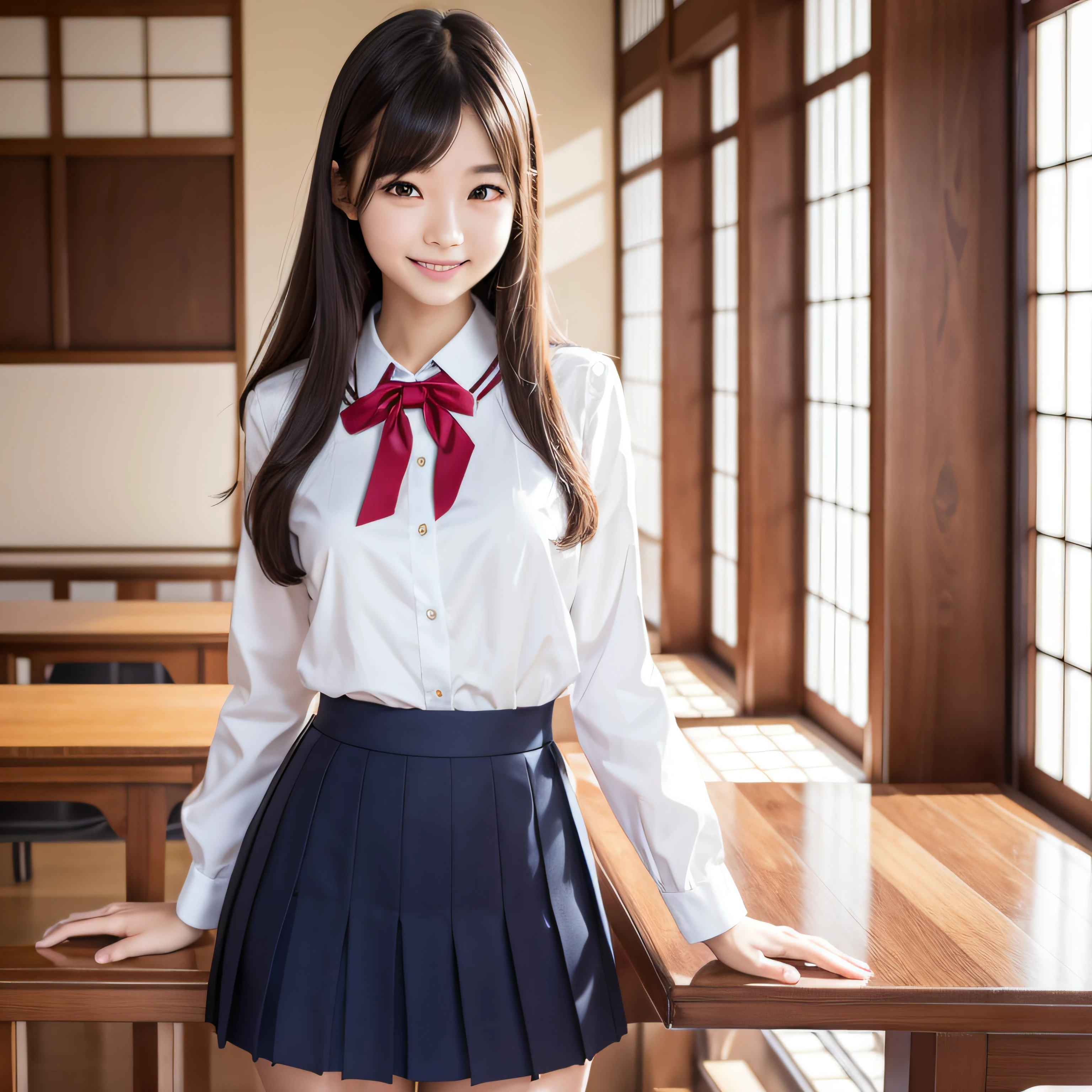 (RAW Photos:1.2), (Realistic:1.4), Beautiful detailed girl, Very detailed eyes and face, Beautiful details, Ridiculous, incredibly Ridiculous, Large file size, Very detailed, High resolution, Very detailed, highest quality, masterpiece, kemomimi, ((Japanese school girl uniform)),Short sleeve、 shape, Very detailed, CG, Unified, 8k wallpaper, wonderful, Fine details, masterpiece, highest quality, Very detailed CG uniform 8k wallpaper, Light on the face, Cinema Lighting, One Girl,Shy smile、（Big Ass）、full body shot、Red tie、Dark blue pleated skirt、evening、ocean、（Ample breasts）、24-years-old、ponytail、Short sleeve、Shiny black hair、finger to mouth