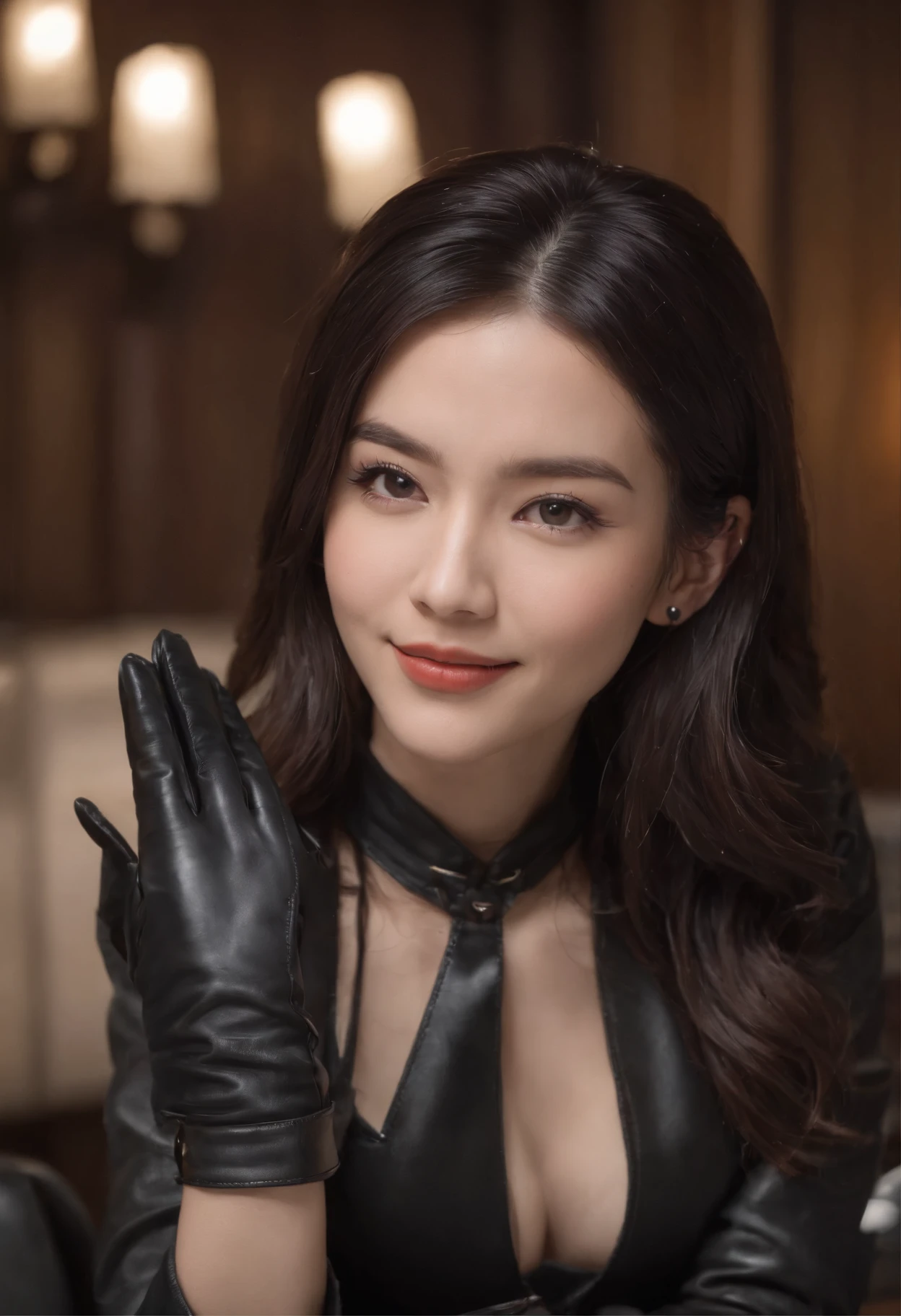 Wearing black leather gloves in both hands, upper body, black leather riders jacket, necklace on the chest, smiling at the desk in the modern study in the dark, long and straight black hair, young Japanese woman (black leather gloves covering both hands) with the fingers of black leather gloves, sitting on the chair, working on the computer, staring at the screen