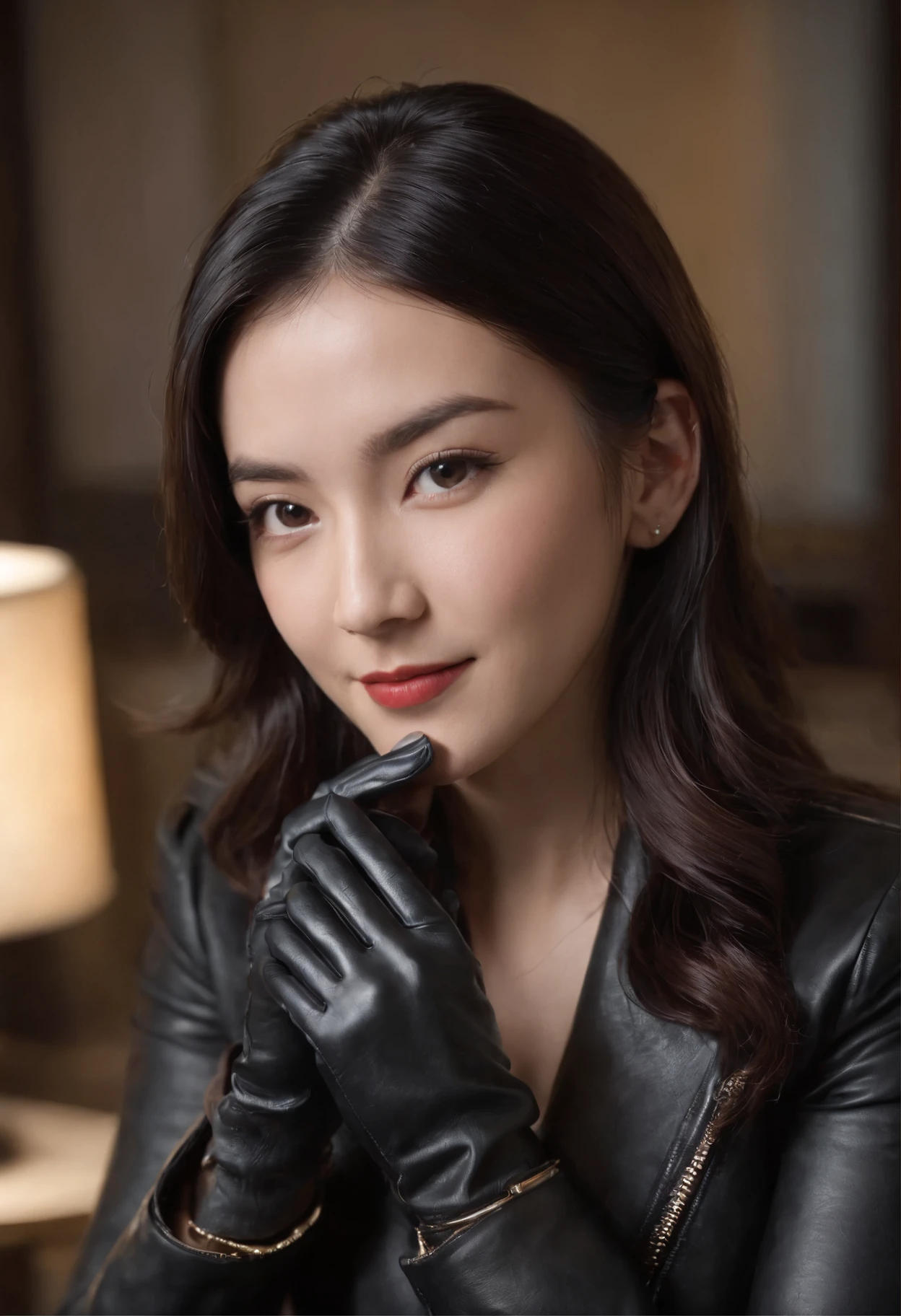 Wearing black leather gloves in both hands, upper body, black leather riders jacket, necklace on the chest, smiling at the desk in the modern study in the dark, long and straight black hair, young Japanese woman (black leather gloves covering both hands) with the fingers of black leather gloves, sitting on the chair, working on the computer, staring at the screen