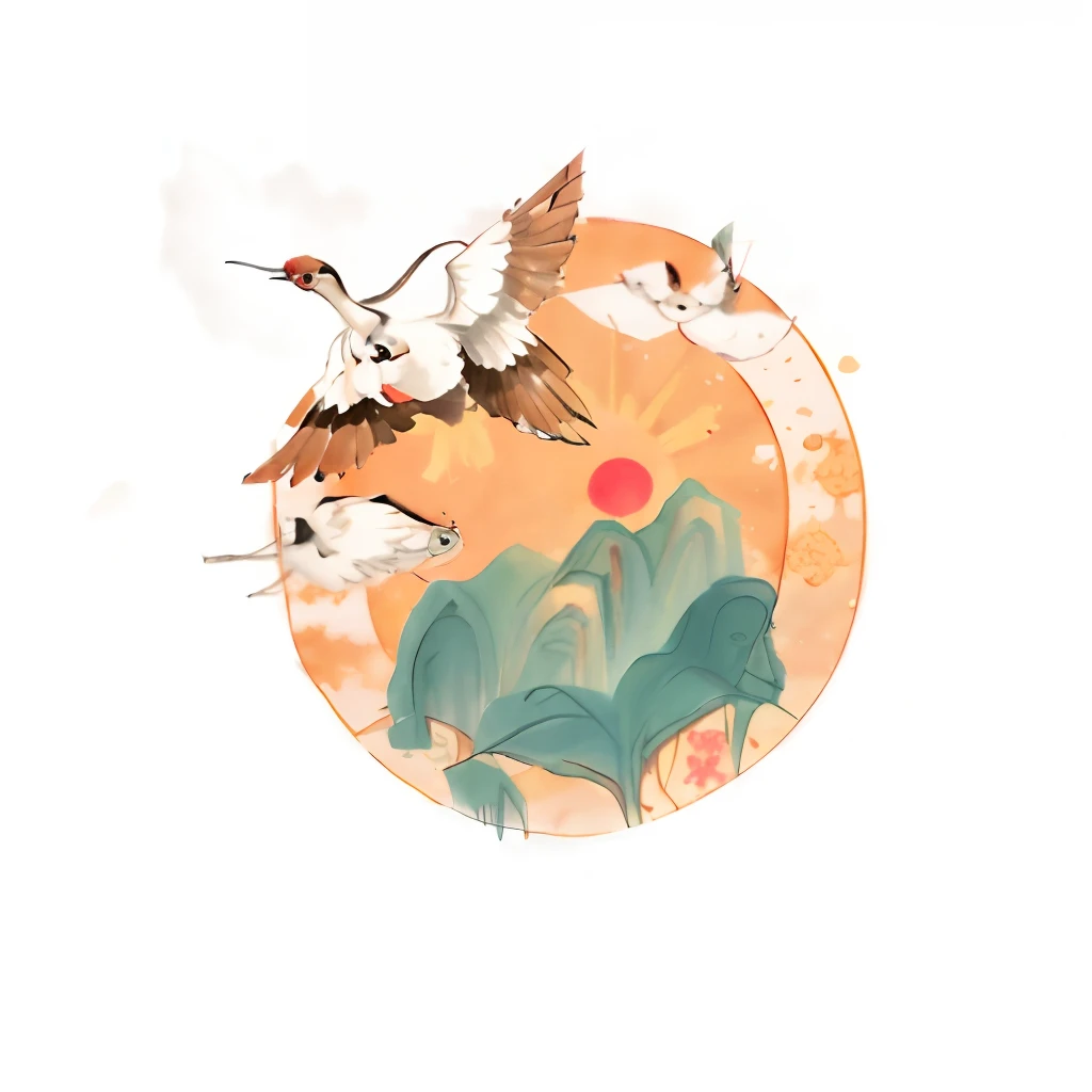 There was a bird flying over the mountain，The background is the sun, two cranes flying across the sun, inspired by Tani Bunchō, inspired by Shūbun Tenshō, inspired by Hanabusa Itchō, Praise Artstyle, inspired by Tosa Mitsuoki, inspired by Miyagawa Isshō, Class logo