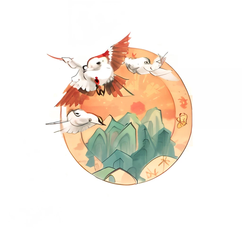 There was a bird flying over the mountain，The background is the sun, two cranes flying across the sun, inspired by Tani Bunchō, inspired by Shūbun Tenshō, inspired by Hanabusa Itchō, Praise Artstyle, inspired by Tosa Mitsuoki, inspired by Miyagawa Isshō, Class logo