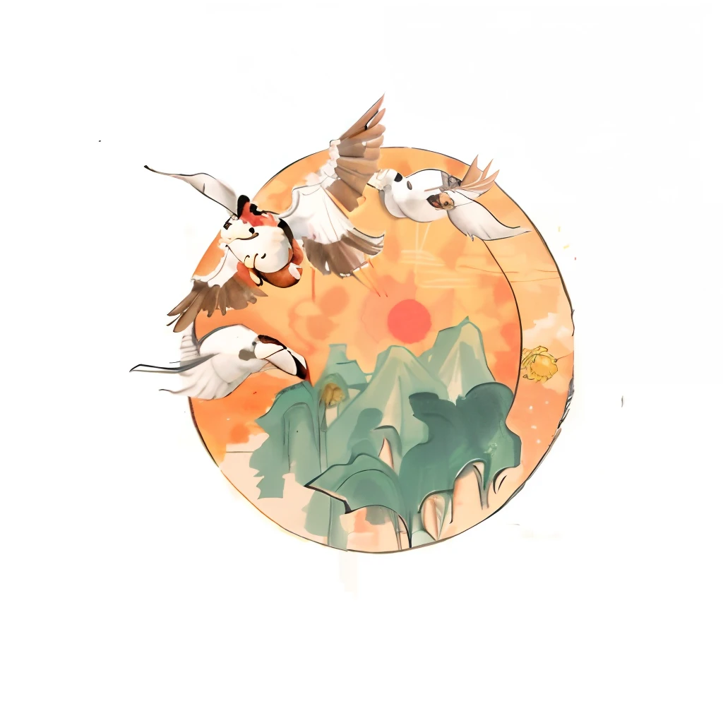 There was a bird flying over the mountain,The background is the sun, two cranes flying across the sun, inspired by Tani Bunchō, inspired by Shūbun Tenshō, inspired by Hanabusa Itchō, Praise Artstyle, inspired by Tosa Mitsuoki, inspired by Miyagawa Isshō, Class logo