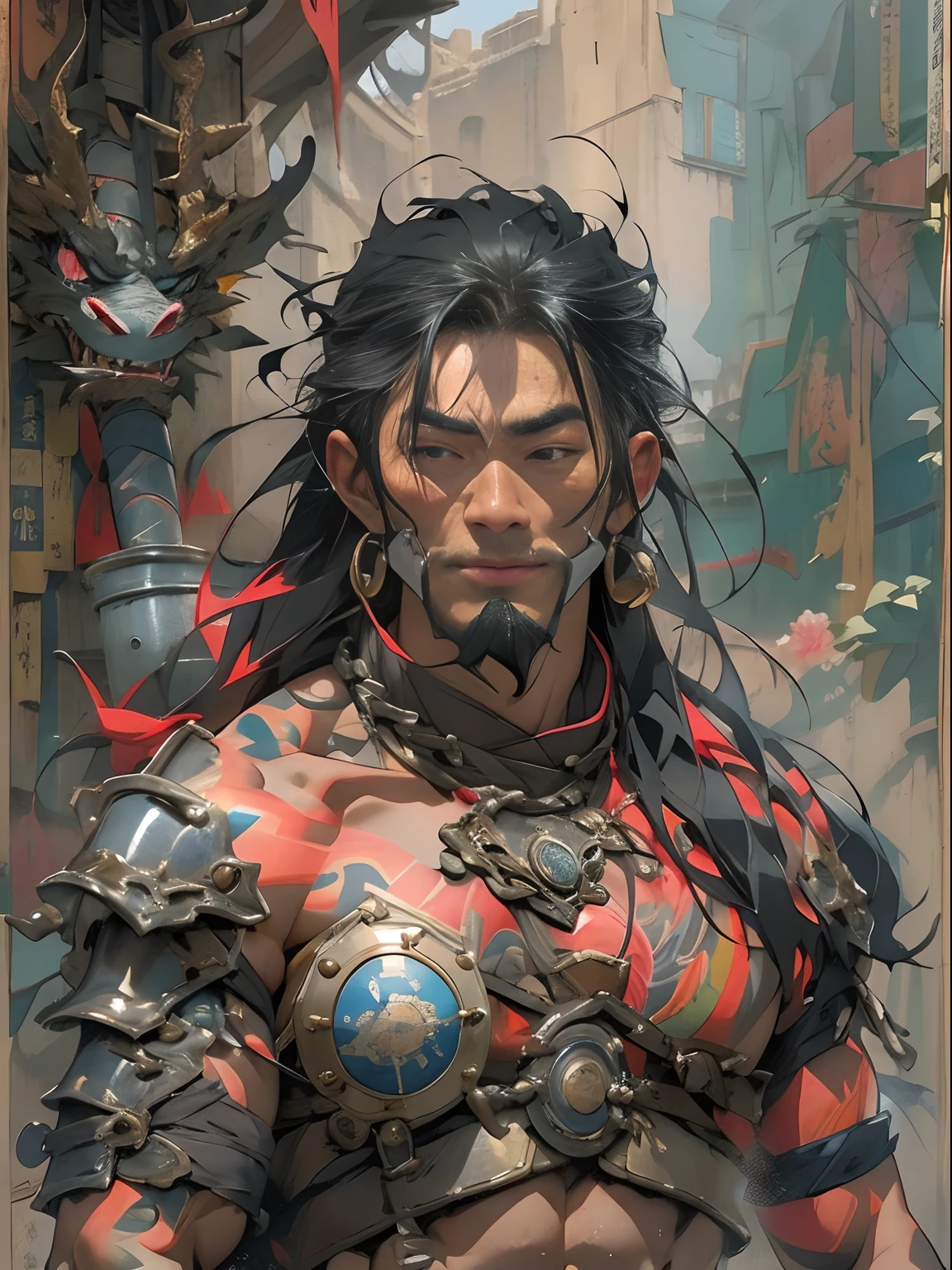 (((mtu))), (((best qualityer))), (((tmasterpiece))), (((AS-Adult))), ((( Japanese ))), Look up from your knees, Handsome Asian samurai，perfect body figure, Modern samurai, ((( Asian))), Wear gloves on your hands，The left arm is made of steel and metal tips，Made of protective devices, The eyes are pulled, (( Appears below the chest )), (( Small dental floss )), Simon Bisley, Almost naked（Simon Bisley）Castle City Wilderness，For high-resolution posters, hair straight, Minimum clothing, armure (Crazy clothes ), Full of tips and rivets, tribal tattoos, (((full bodyesbian))), Straight brunette hair，Colored hair ends