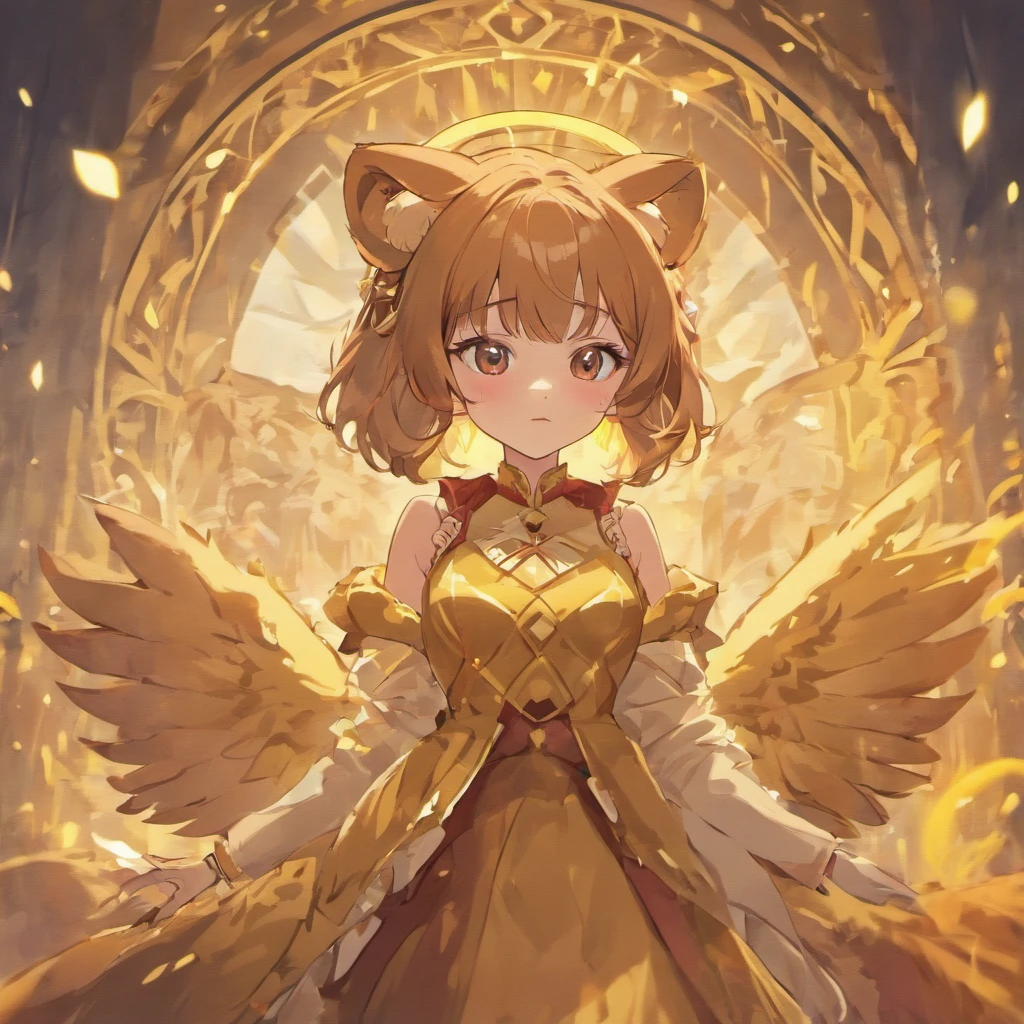 Anime Girl with lion ears, wearing formal fall dress, colors are Brown Lilac and Gold, Aromatic Tea, masterpiece, best quality