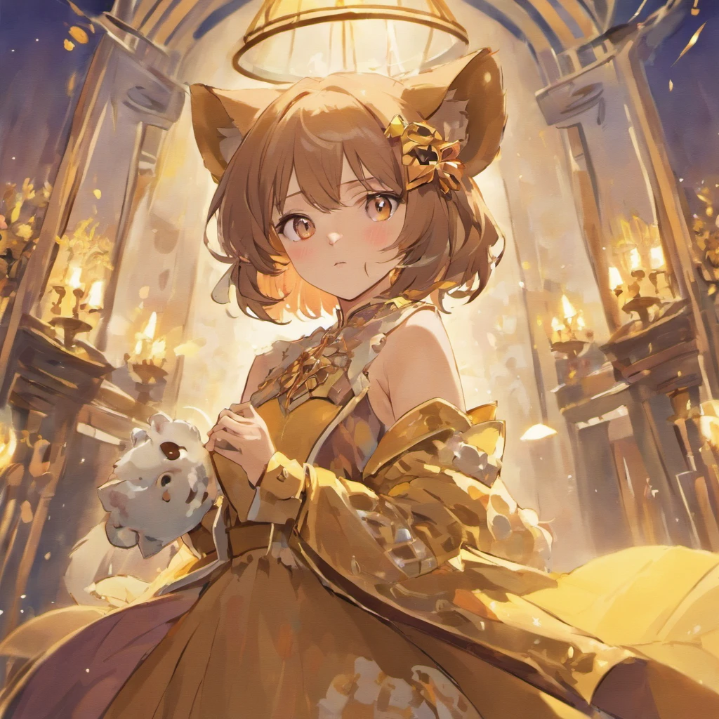 Anime Girl with lion ears, wearing formal fall dress, colors are Brown Lilac and Gold, Aromatic Tea, masterpiece, best quality