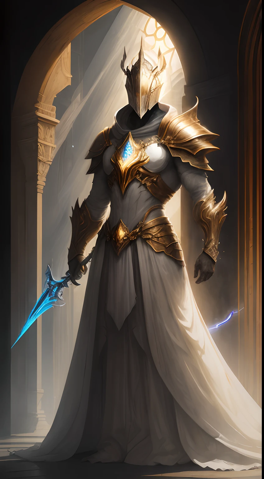 Striking illustration of the guardian of light, A celestial and ethereal figure that guards the threshold of light. His presence is splendid and powerful., con alas inmensas que se extienden hacia el horizonte y una mirada penetrante que transmite serenidad y respeto.espada.en la mano reluciente, armadura resplandeciente,In the background he uses warm white and gold tones and deep shadows to emphasize his ethereal nature and his connection to the realm of light...........(warm lighting), ( divine lighting),(celestial lighting)