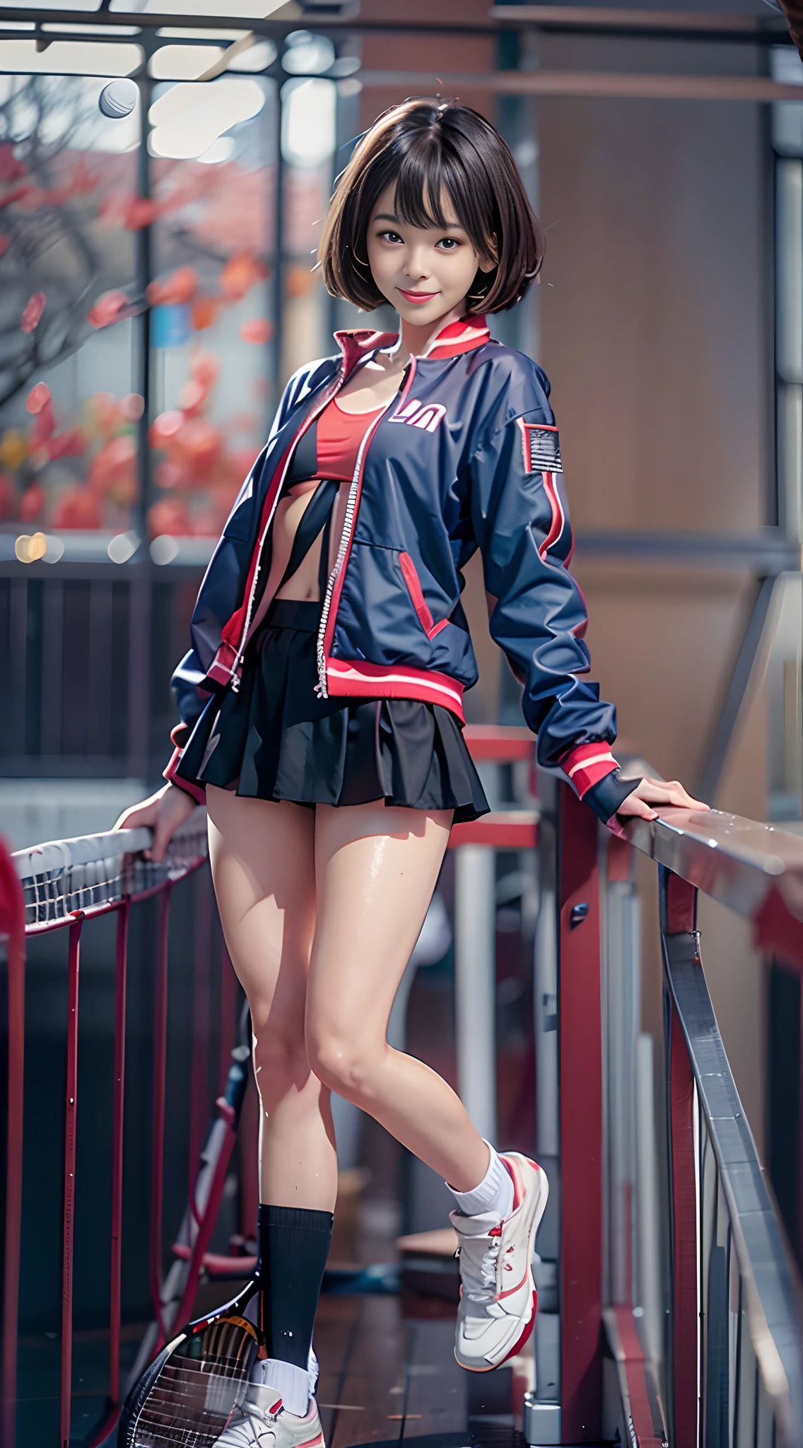 (The to the FW), 1womanl, Solo, 24 year old, 7headed body, (cute face), (Ideal ratio body proportions), long , tennis coat, Tennis player, Ultra mini skirt, panties focus, Eroi body, Wearing sweat, The costume is sheer, Wet, Smiling smile, short-hair, Dark hair, small tits, A slender, Small buttocks, beauty legs, Skinny Legs, surrealism, Cinematic lighting, depth of fields, One-person viewpoint, F/1.8, 135 mm, nffsw, masutepiece, ccurate, ((Anatomically correct)), Textured skin, Super Detail, high details, High quality, awardwinning, Best Quality, hight resolution, 8K