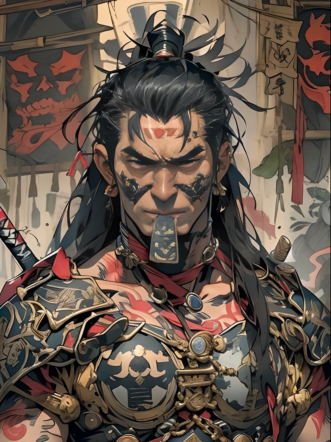 (((mtu))), (((best qualityer))), (((tmasterpiece))), (((AS-Adult))), ((( Japanese ))), Look up from your knees, Handsome Asian samurai,perfect body figure, Modern samurai, ((( Asian))), Wear gloves on your hands,The left arm is made of steel and metal tips,Made of protective devices, The eyes are pulled, (( Appears below the chest )), (( Small dental floss )), Simon Bisley, Almost naked(Simon Bisley)Castle City Wilderness,For high-resolution posters, hair straight, Minimum clothing, armure (Crazy clothes ), Full of tips and rivets, tribal tattoos, (((full bodyesbian))), Straight brunette hair,Colored hair ends