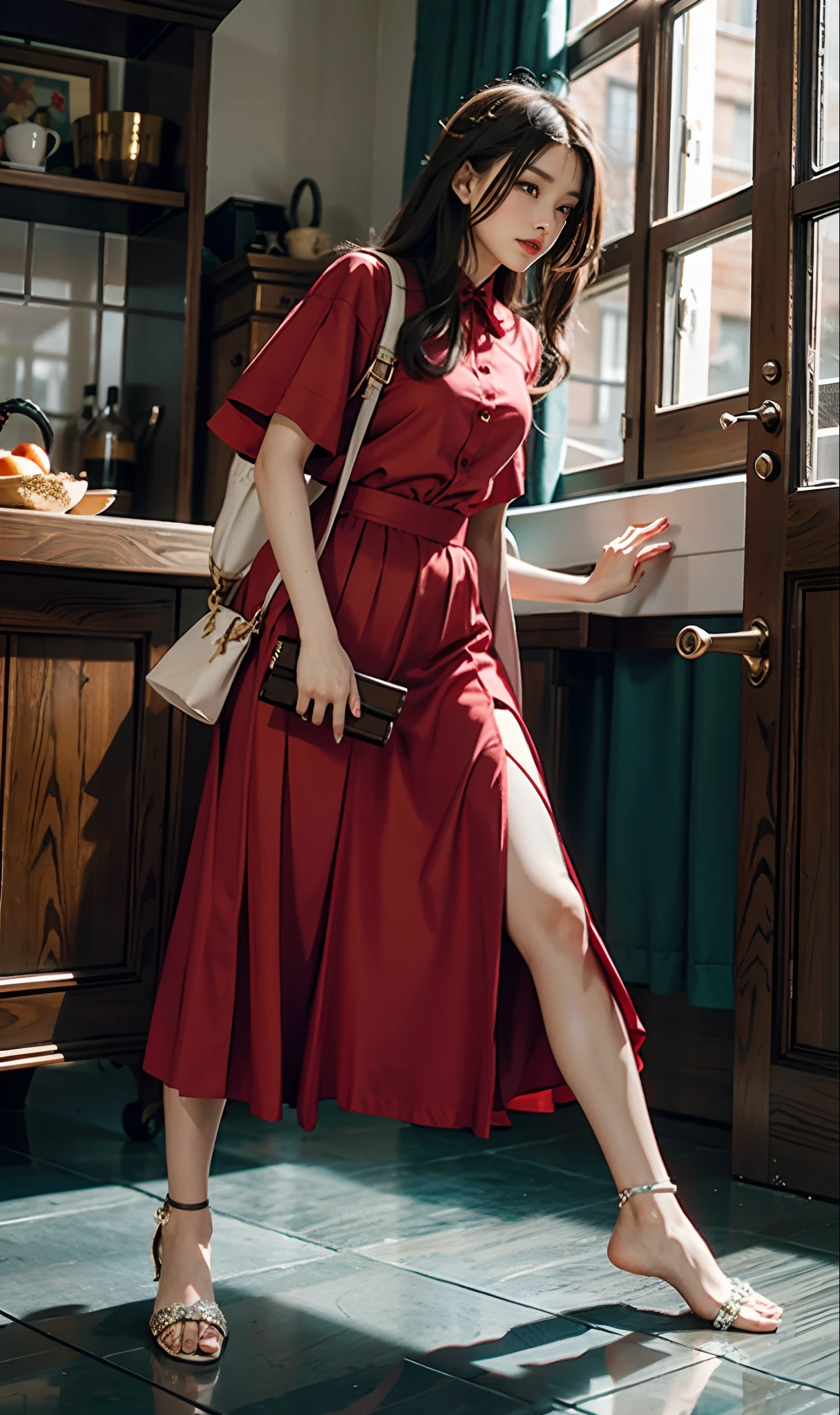 Noble Woman,red long skirt,jade foot