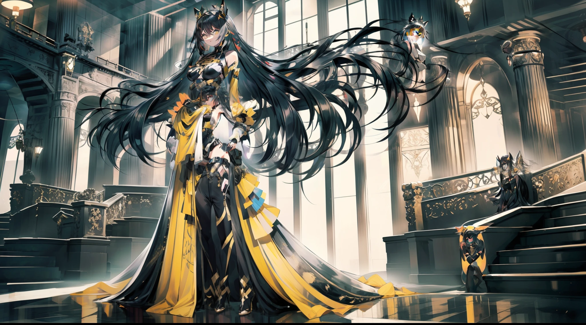 beautiful girl, with long black hair, heterochromatic eyes (blue/yellow), no smile, very happy appearance, black dress, looking down, with black and gold angel wings and a cat ear tiara, bright colors (at the bottom written "Prisma")