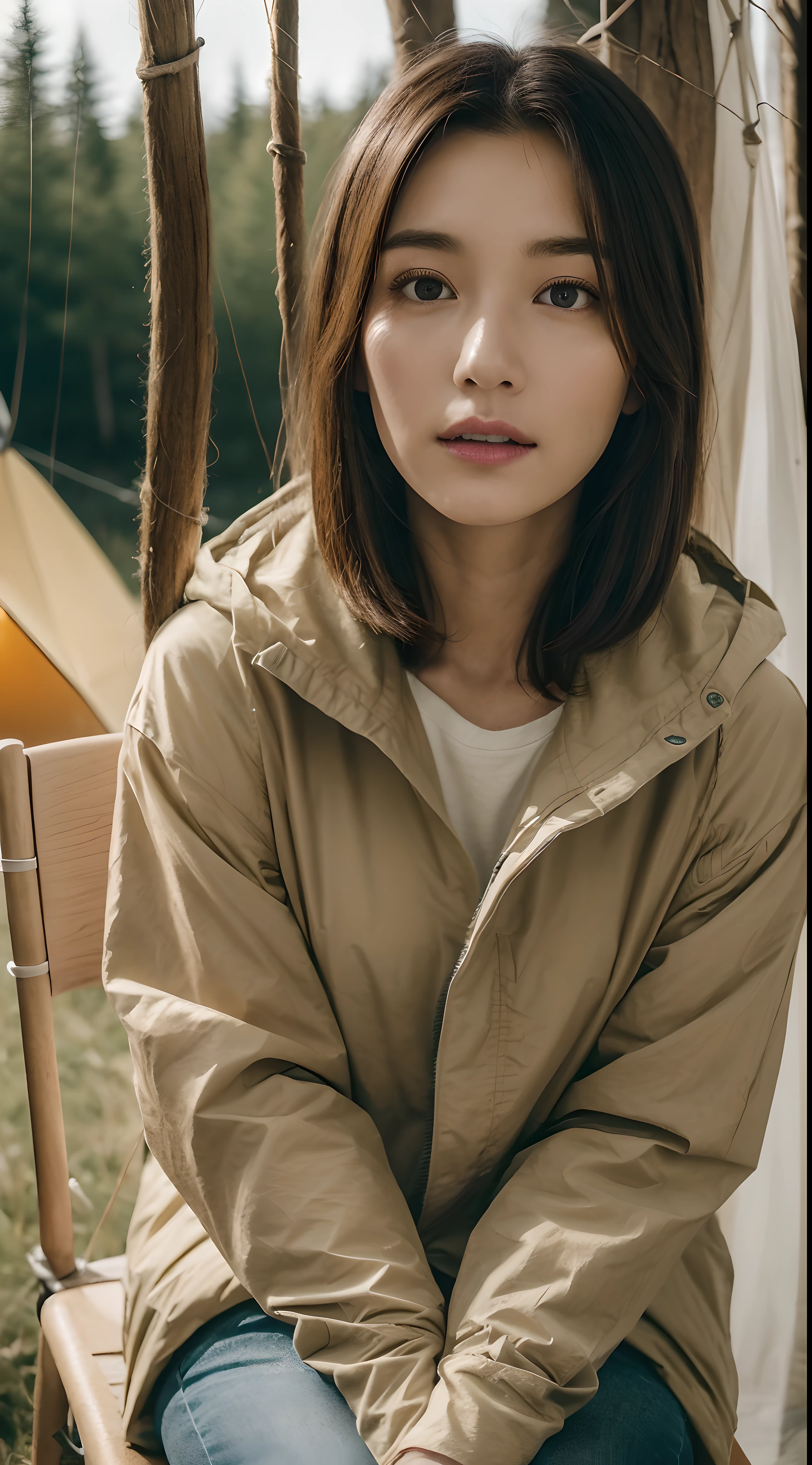 (top-quality:1.2),(8K),(beatuful nature:1.2)(campsite:1.2),Captures a young 30-year-old woman,(1人の女性:1.2),Beautiful detailed style、beautifull detailed face、beatiful detailed eyes、Beautiful detailed double eyelids、Beautiful brown hair,(overall:1.2),(parka:1.2),Trees standing in nature々and in the woods,(teepee:1.2),(sit a chair:1.2),He looks at the viewer with kind eyes.,Viewers look down at her from above、This moment is exactly(Masterpiece:1.2)で、Her beauty and natural beauty(top-quality:1.2)
It shines with,